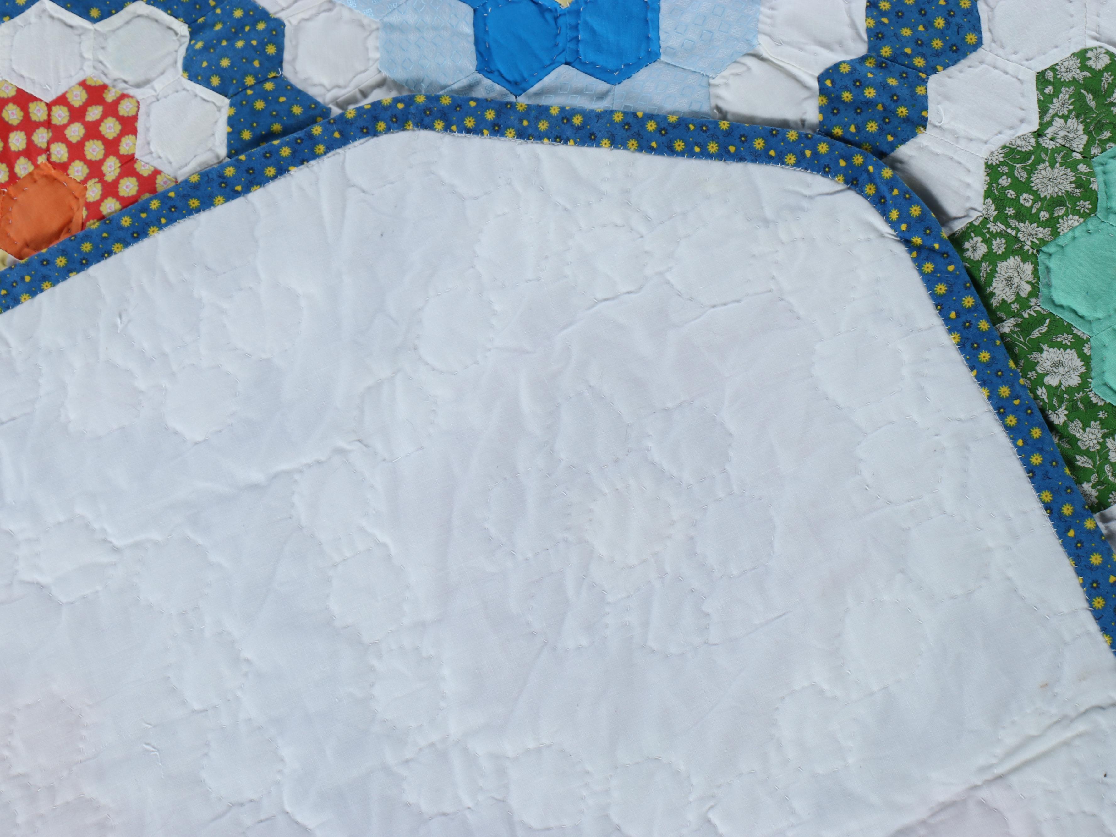 Handmade "Grandmother's Flower Garden" Pieced Quilt, 20th Century