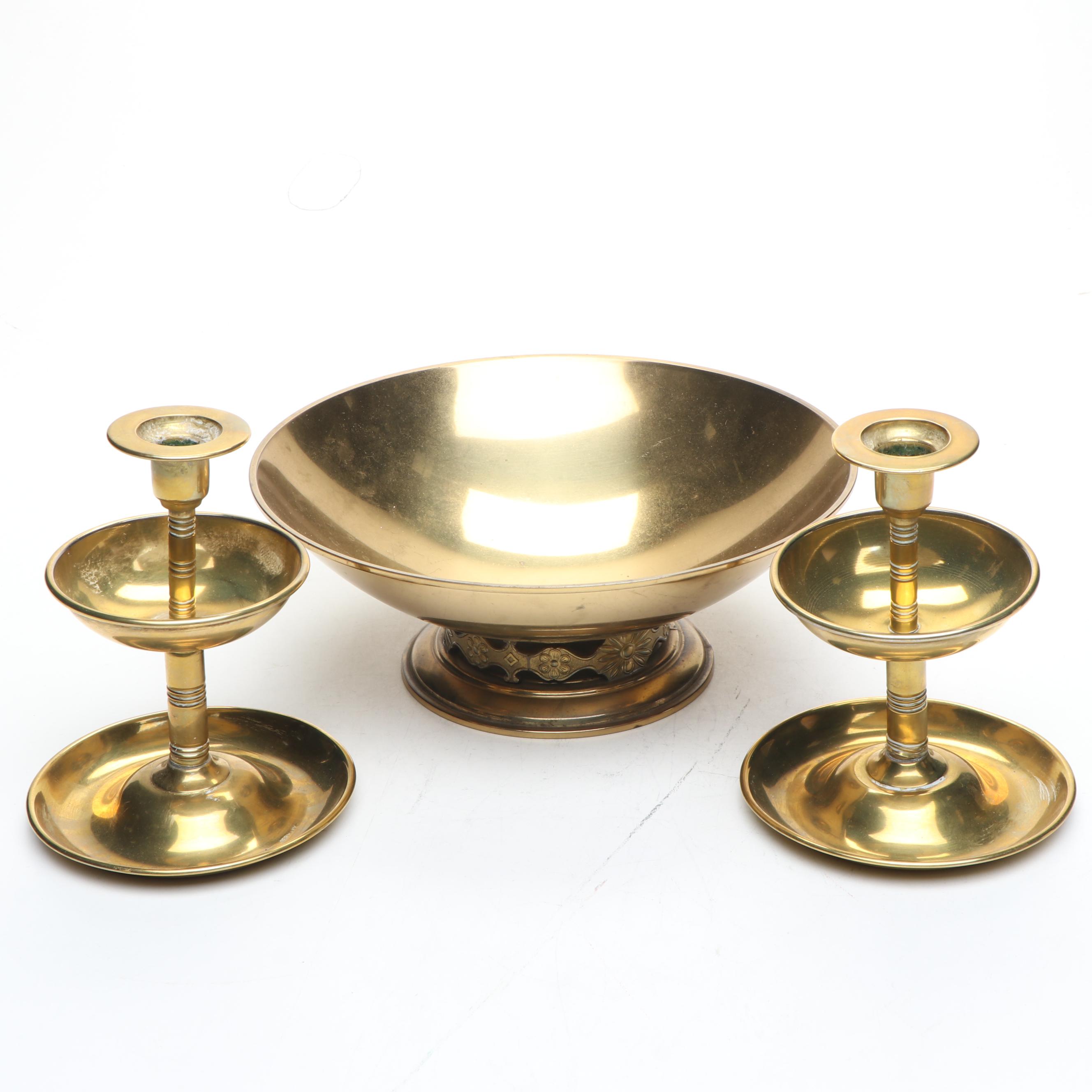 German Tiered Brass Candle Holders with Swedish Brass Footed Bowl
