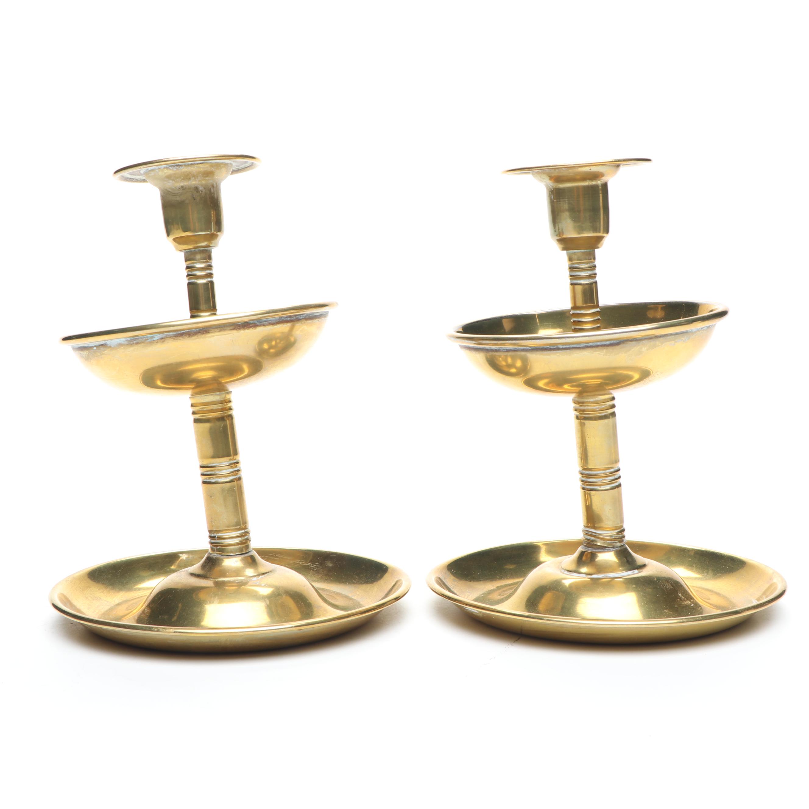 German Tiered Brass Candle Holders with Swedish Brass Footed Bowl