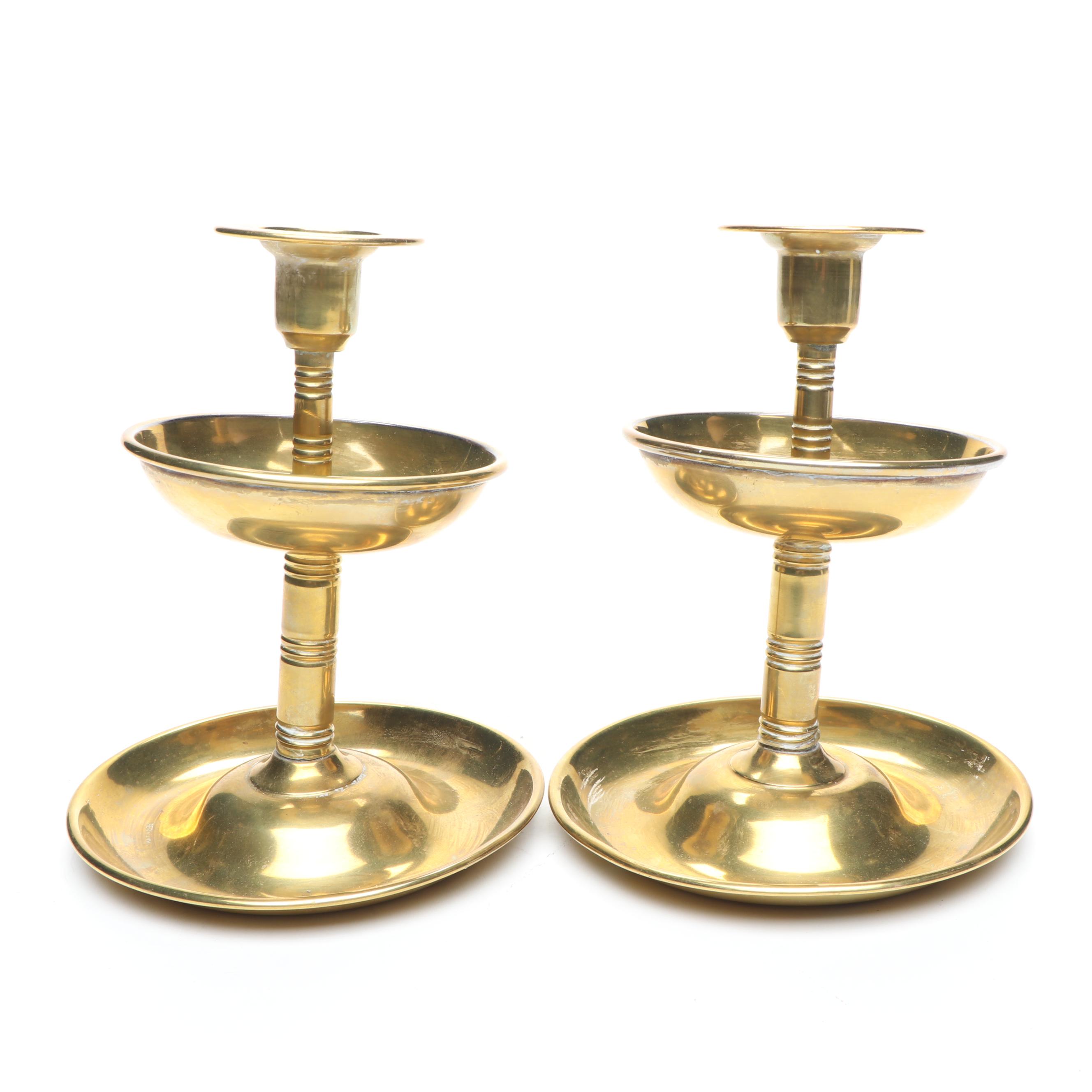 German Tiered Brass Candle Holders with Swedish Brass Footed Bowl