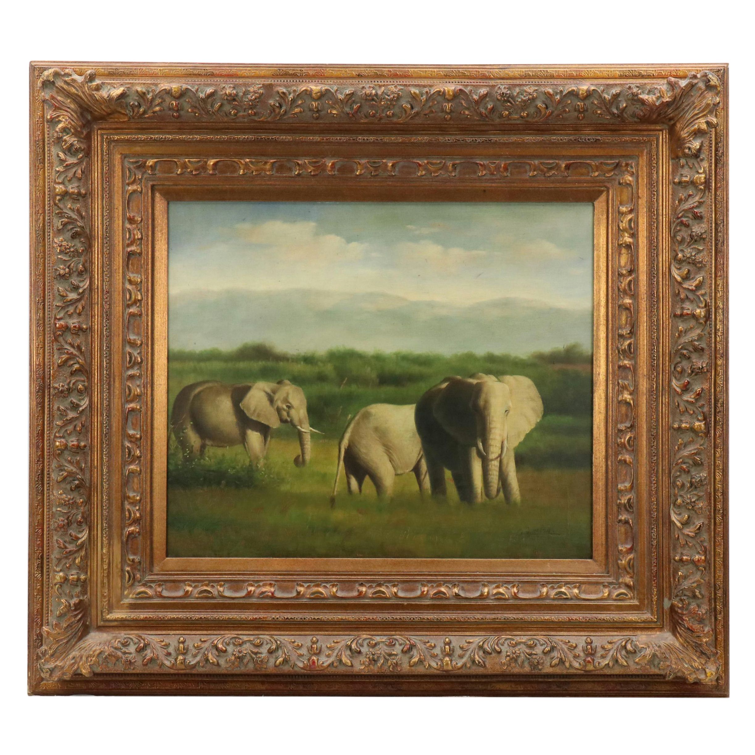 G. Hansh Wildlife Acrylic Painting of Elephants in Landscape, 21st Century