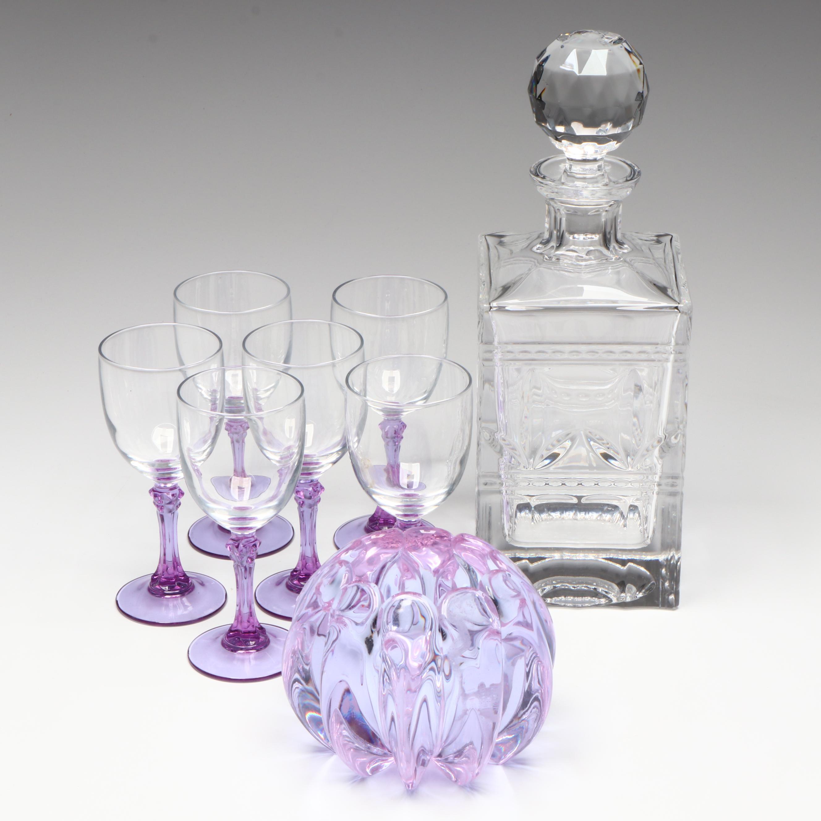 Crystal Decanter, Purple Glass Stemware, and Purple Crystal Rose Bowl