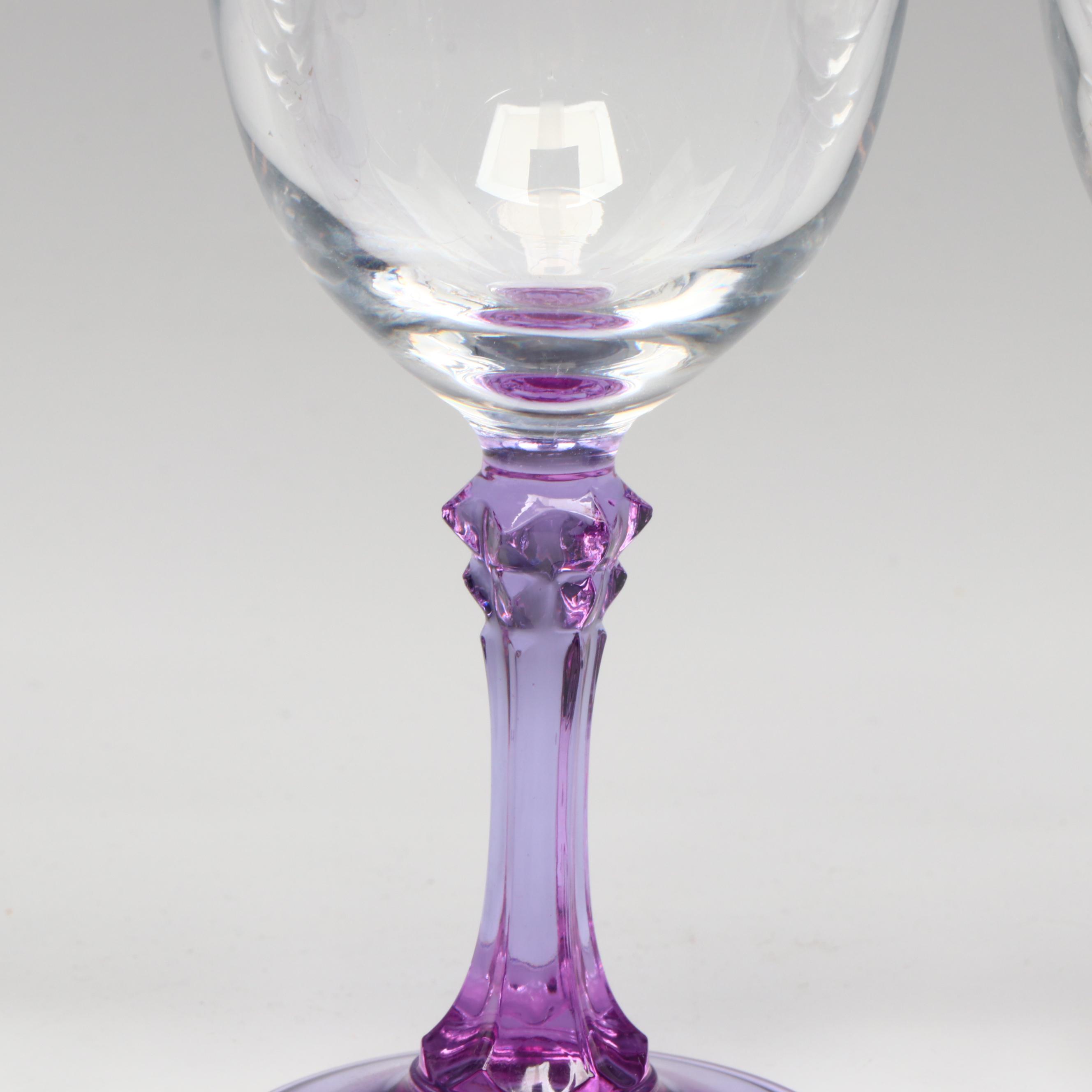 Crystal Decanter, Purple Glass Stemware, and Purple Crystal Rose Bowl