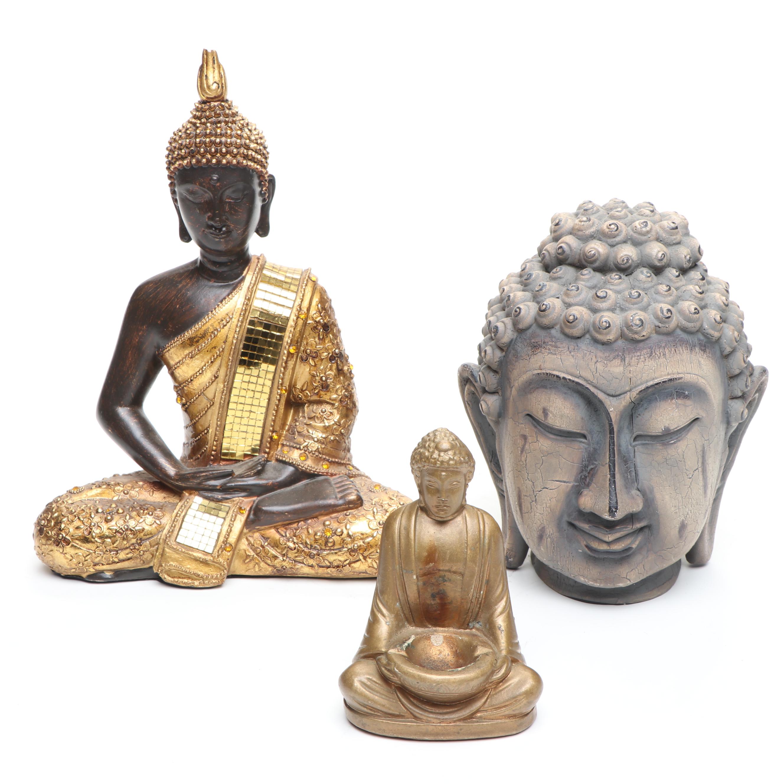 Carved Wood Buddha Head and Meditating Buddha with Other Plaster Figure