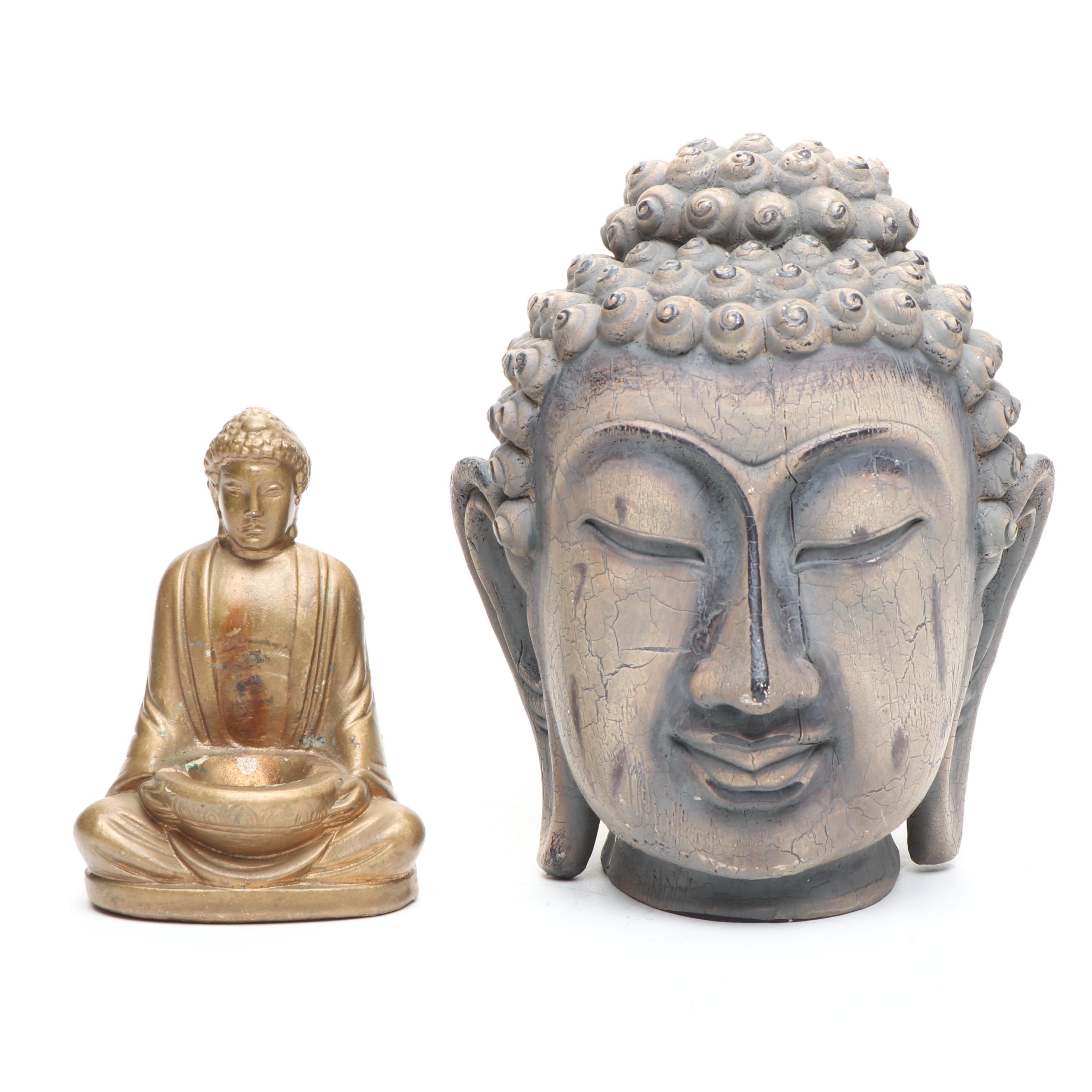 Carved Wood Buddha Head and Meditating Buddha with Other Plaster Figure