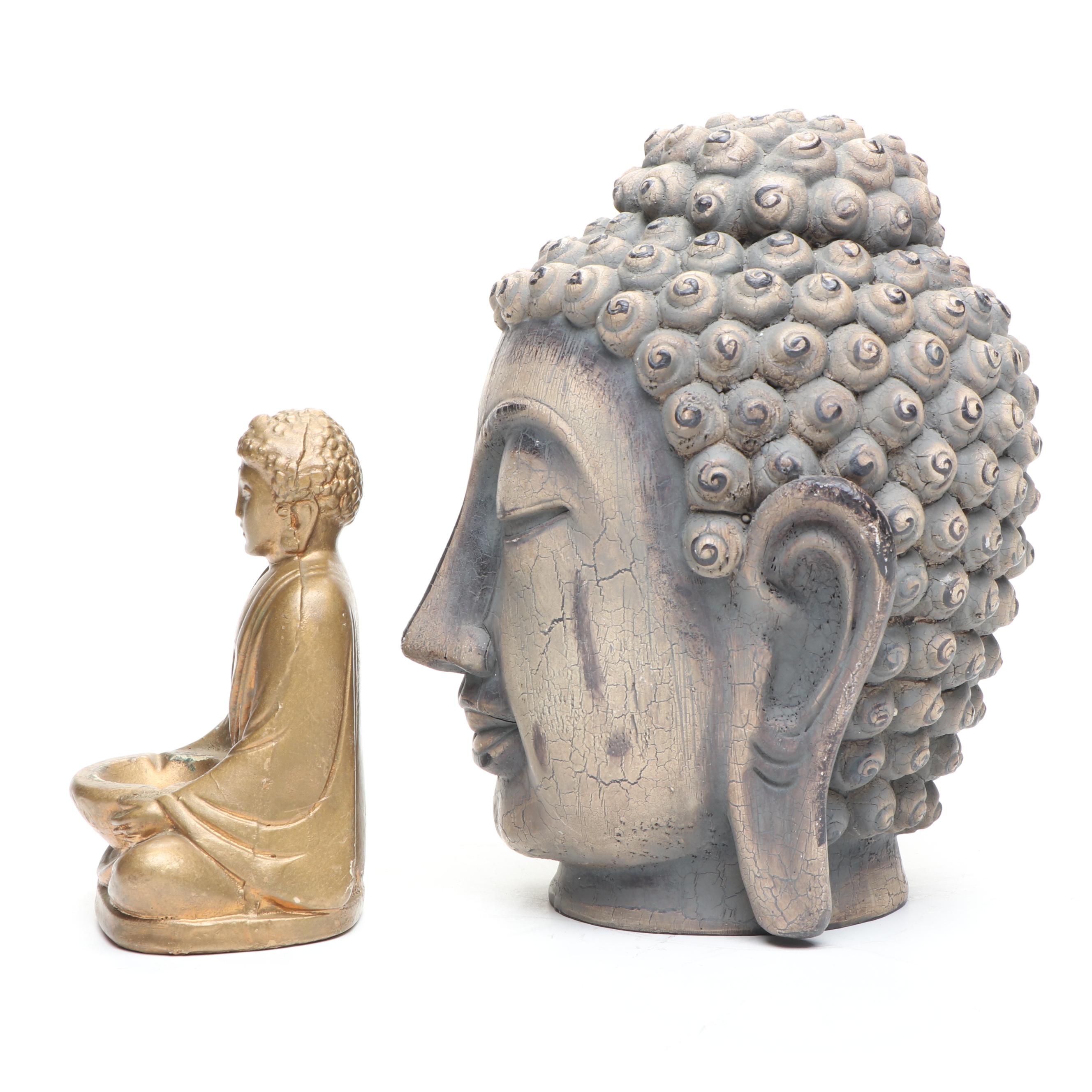 Carved Wood Buddha Head and Meditating Buddha with Other Plaster Figure