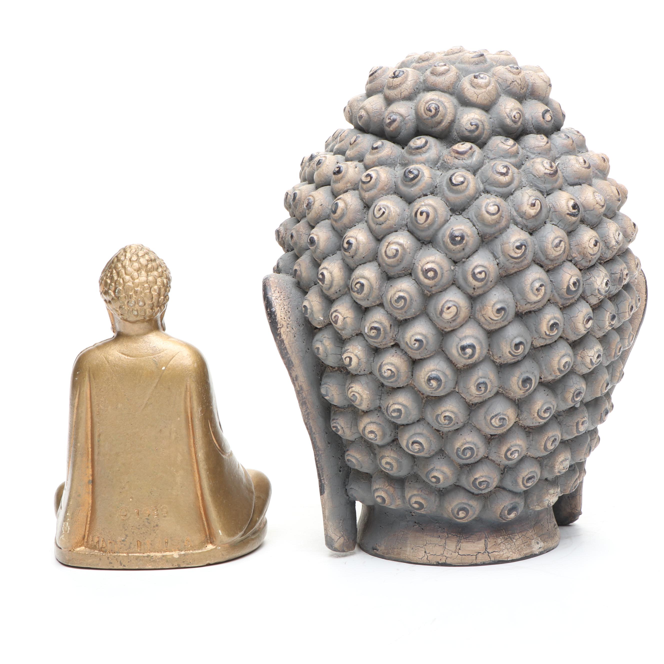 Carved Wood Buddha Head and Meditating Buddha with Other Plaster Figure