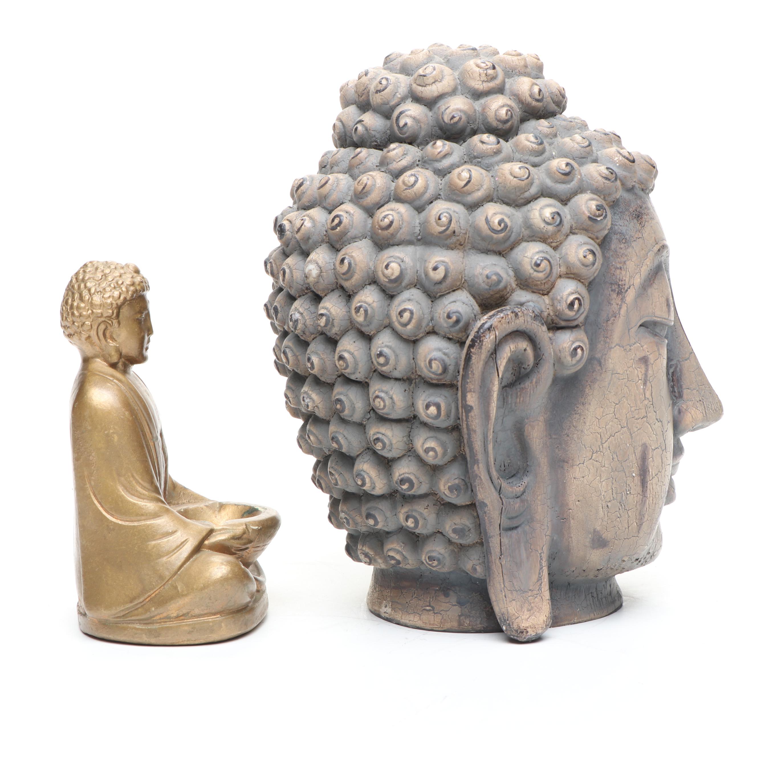 Carved Wood Buddha Head and Meditating Buddha with Other Plaster Figure