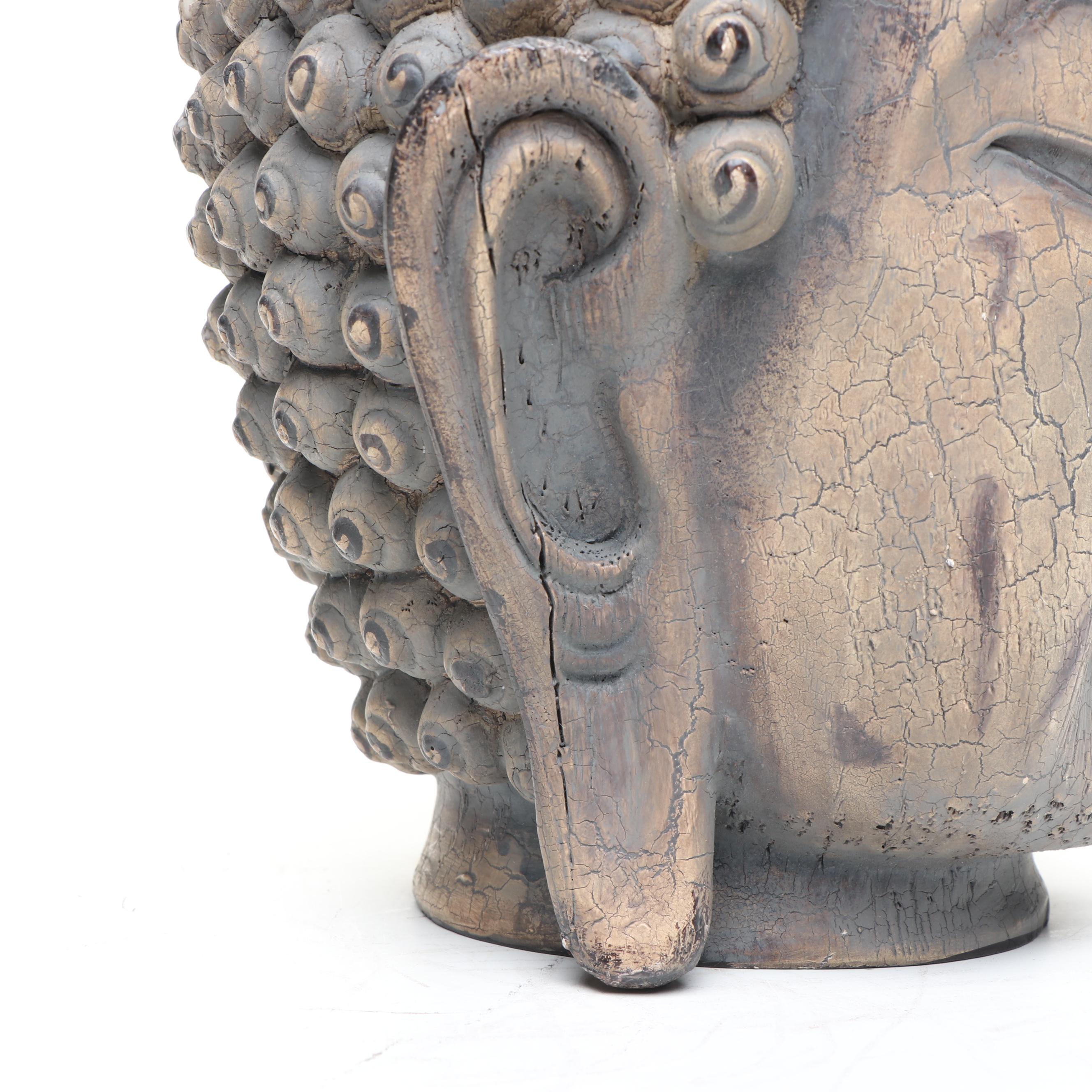 Carved Wood Buddha Head and Meditating Buddha with Other Plaster Figure