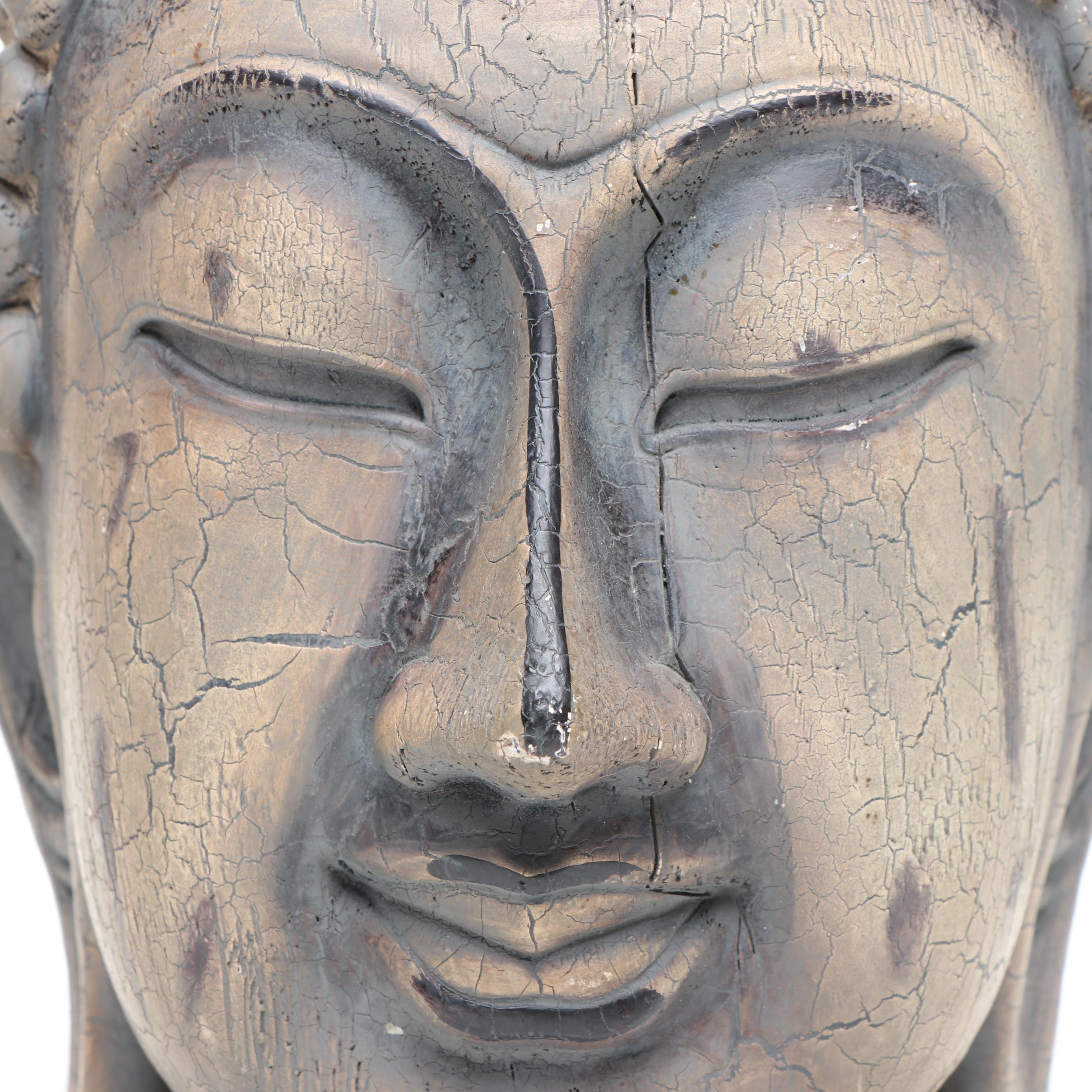 Carved Wood Buddha Head and Meditating Buddha with Other Plaster Figure