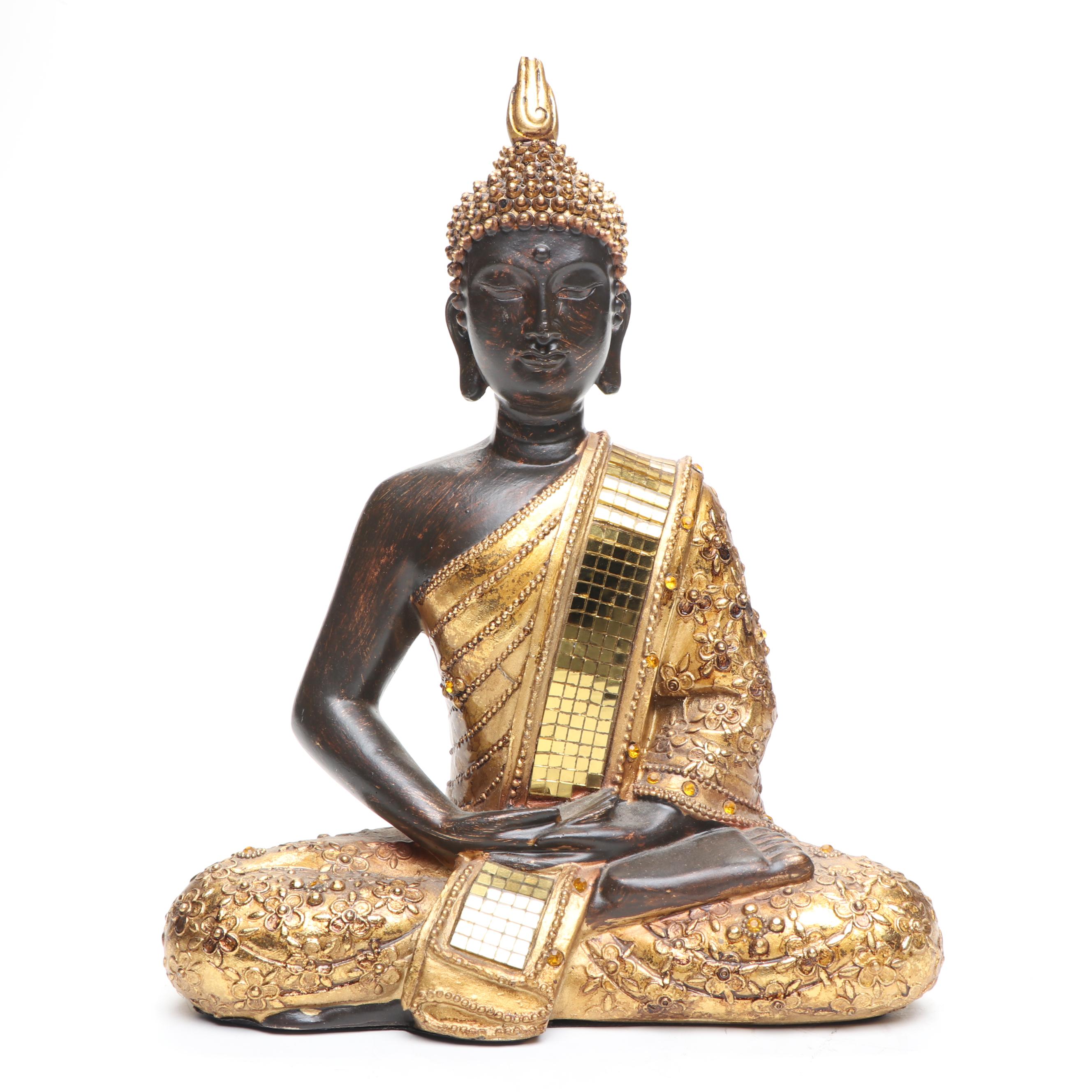 Carved Wood Buddha Head and Meditating Buddha with Other Plaster Figure