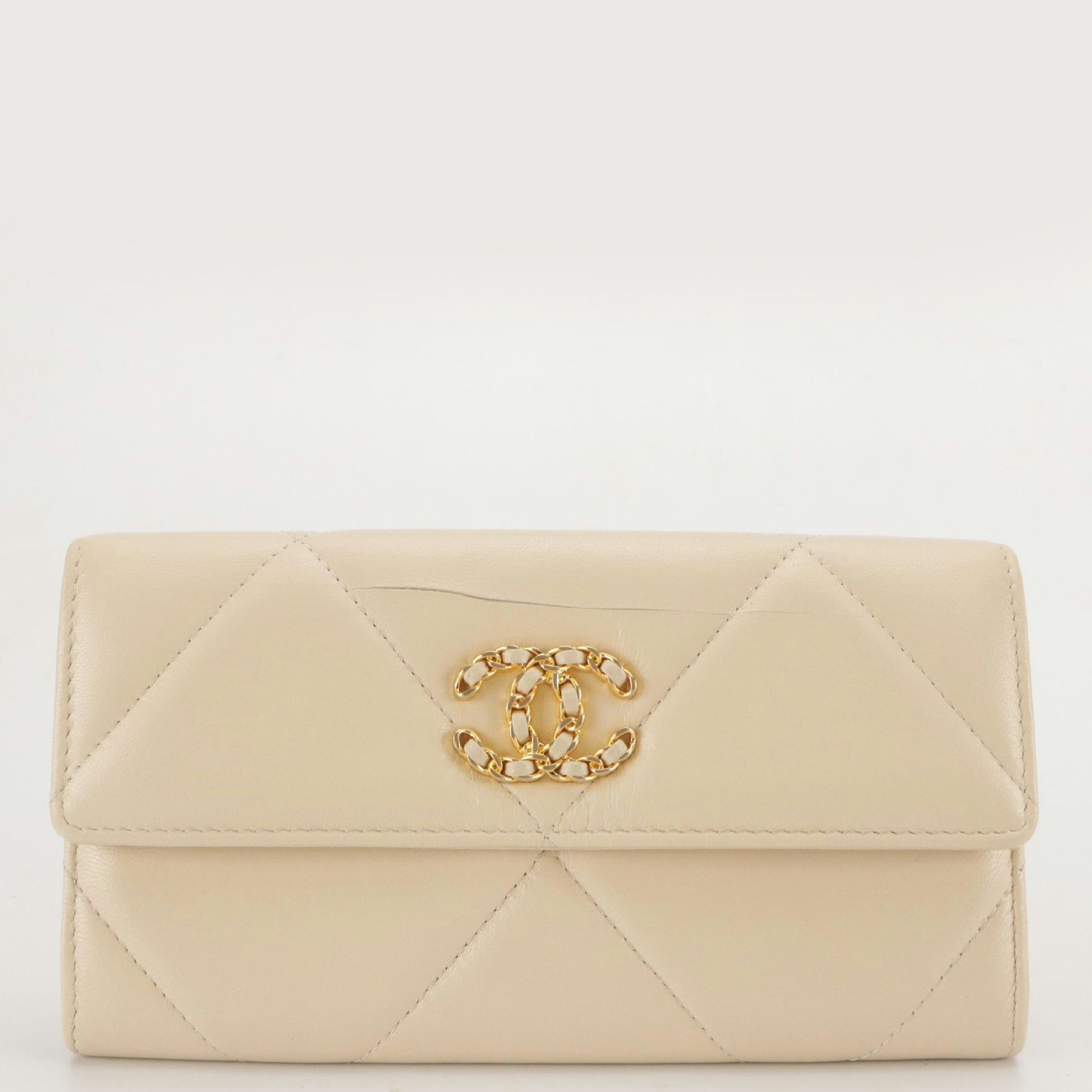 Chanel 19 Long Front Flap Wallet in Diamond Stitched Beige Lambskin Leather