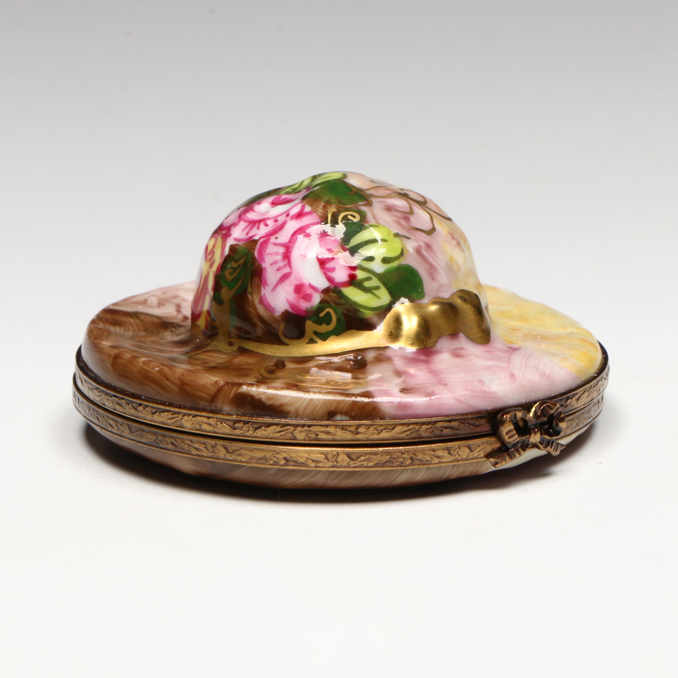 Hand-Painted Floral Hat Limoges Porcelain Box