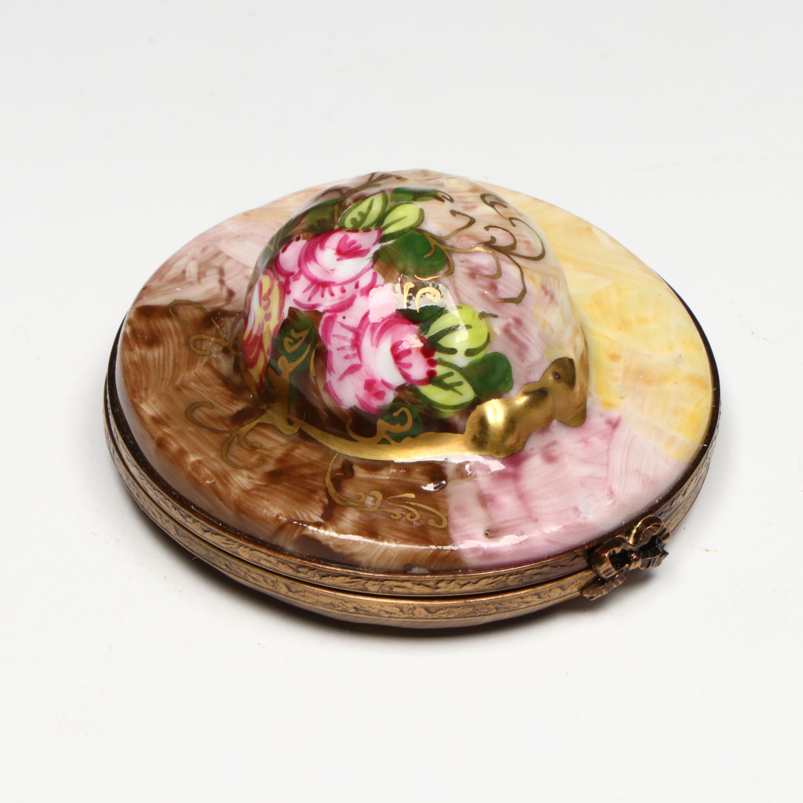 Hand-Painted Floral Hat Limoges Porcelain Box