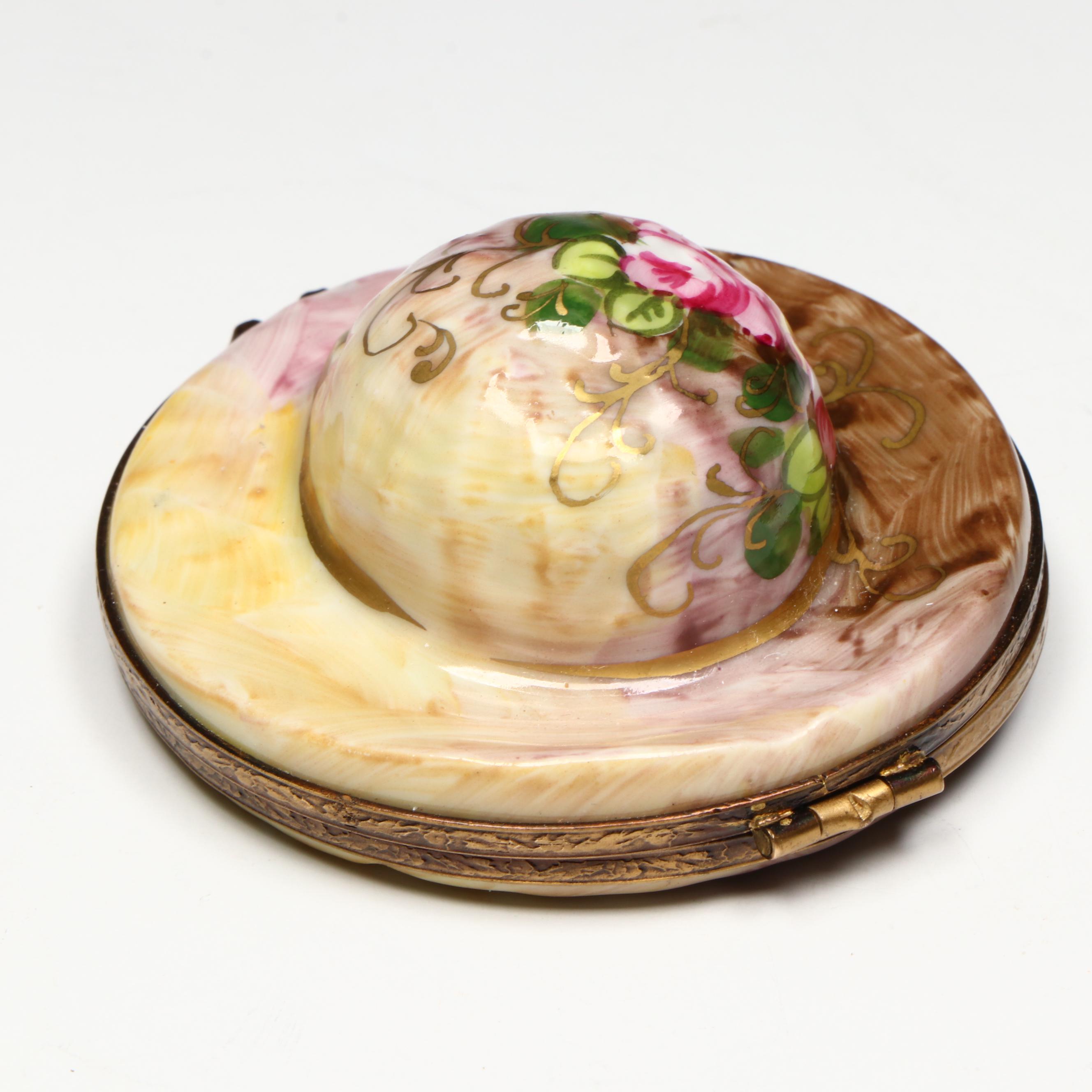 Hand-Painted Floral Hat Limoges Porcelain Box
