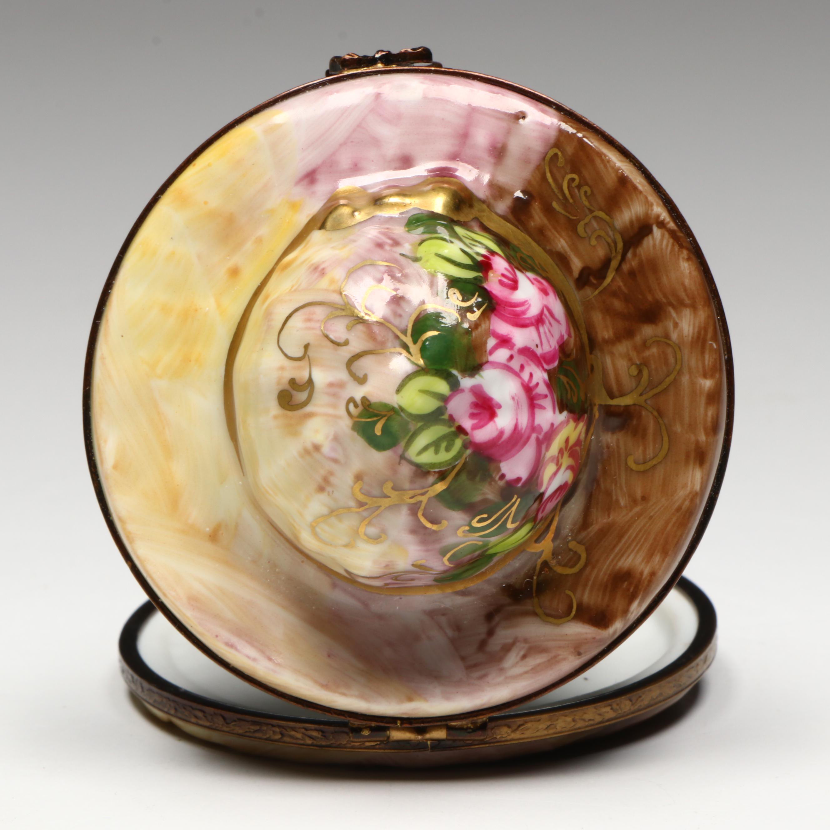 Hand-Painted Floral Hat Limoges Porcelain Box