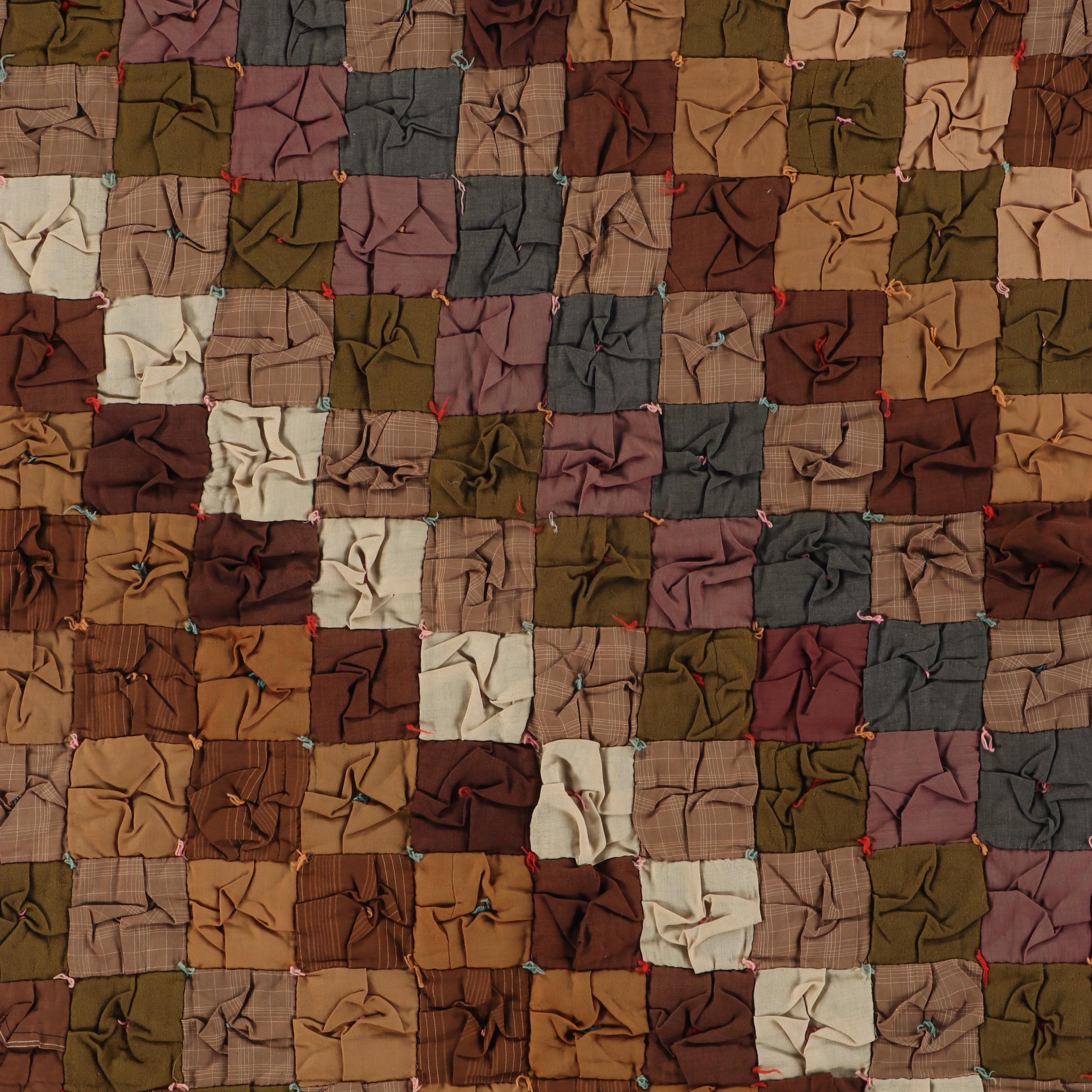 Handmade Multicolor Puffed Square Quilt with Hand-Tying, Early to Mid-20th C.