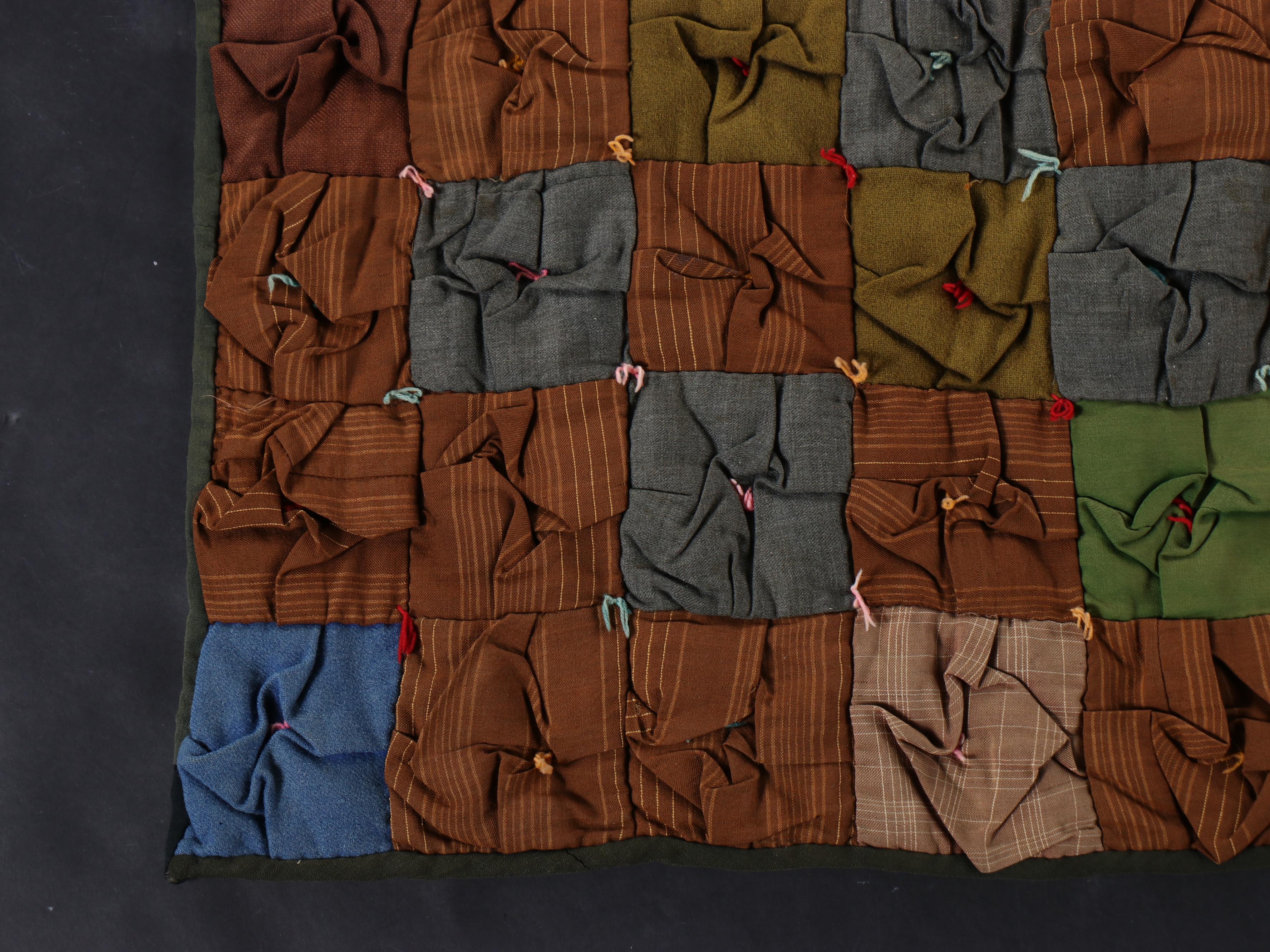 Handmade Multicolor Puffed Square Quilt with Hand-Tying, Early to Mid-20th C.