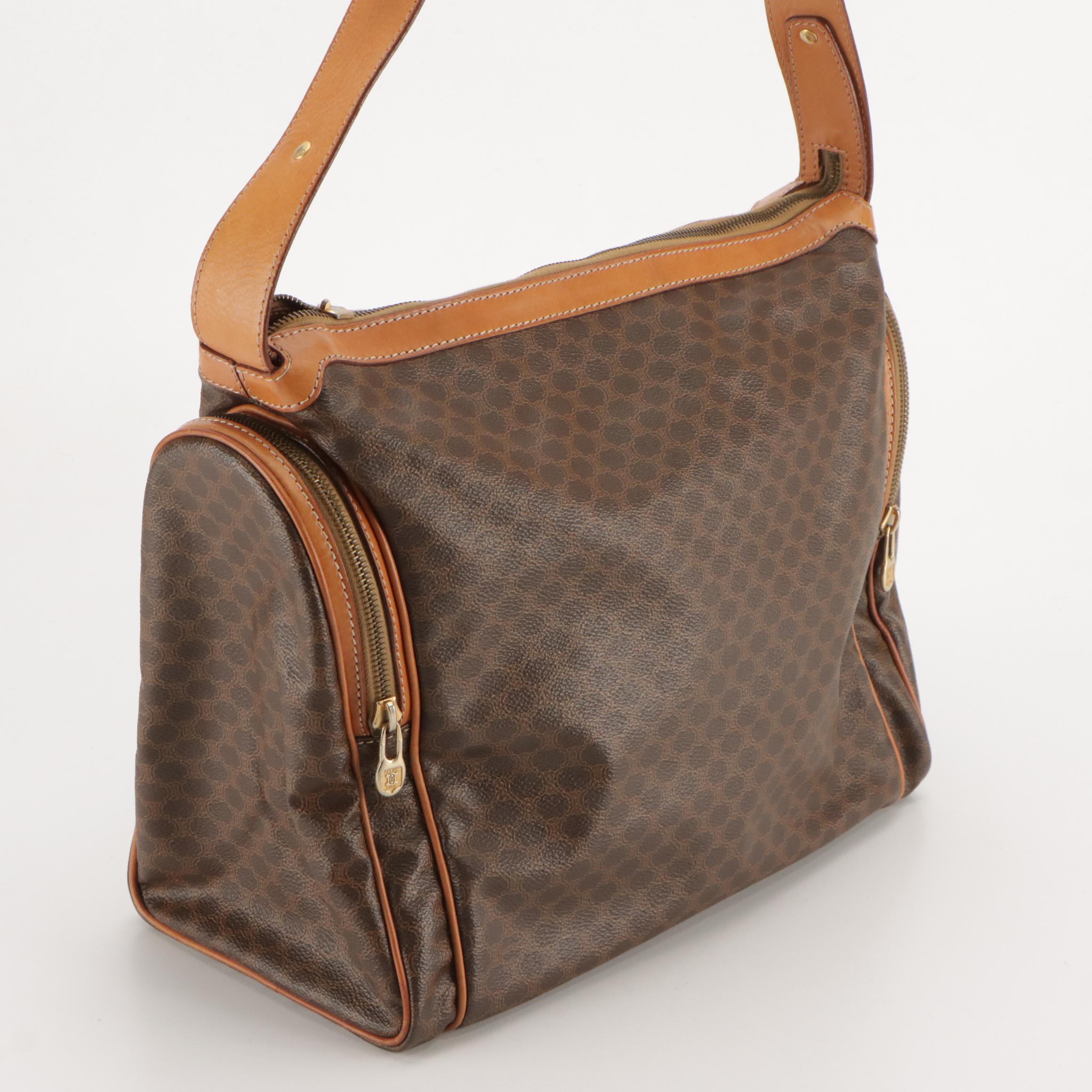 Celine Vintage Shoulder Satchel in Macadam Coated Canvas and Leather Trim