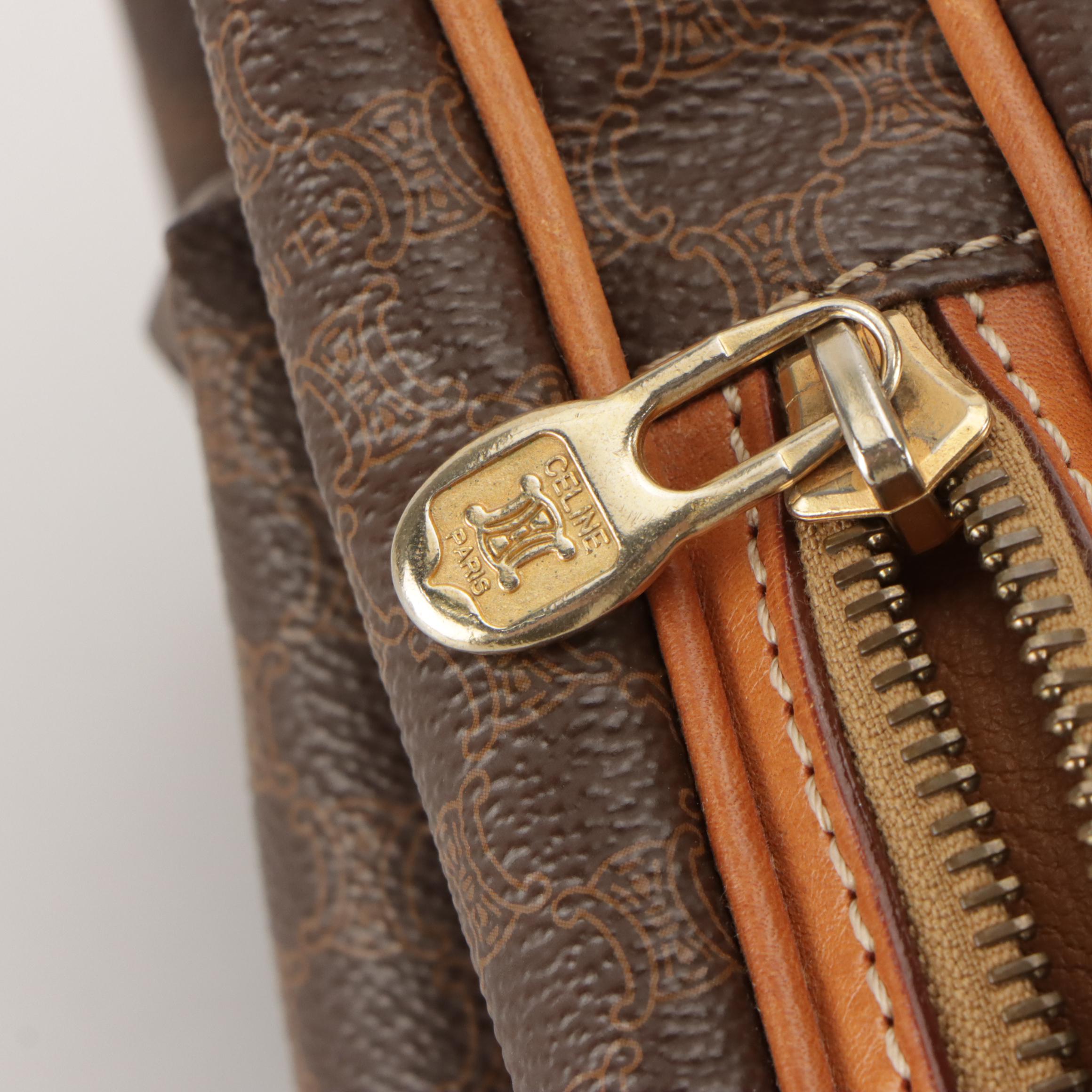 Celine Vintage Shoulder Satchel in Macadam Coated Canvas and Leather Trim