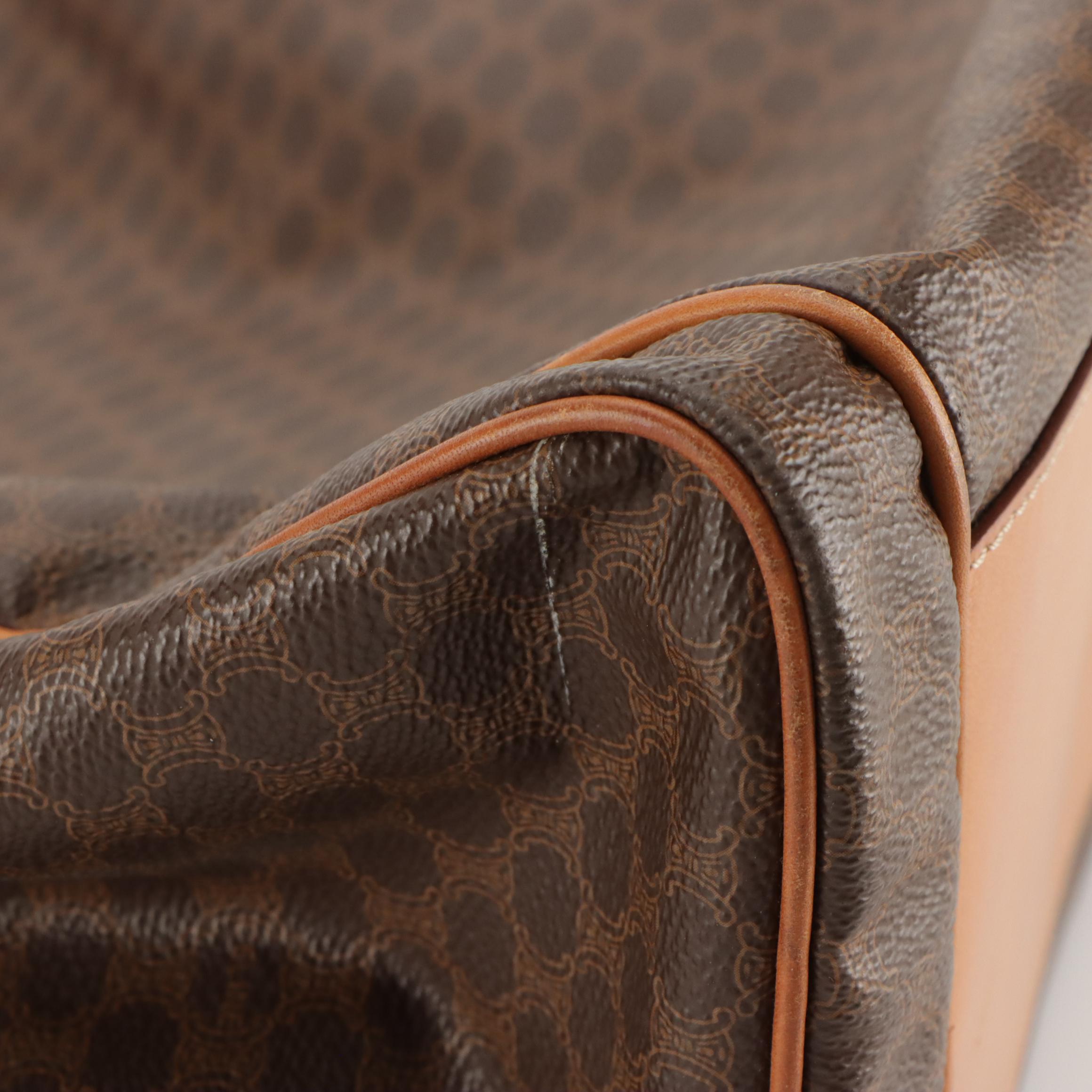 Celine Vintage Shoulder Satchel in Macadam Coated Canvas and Leather Trim