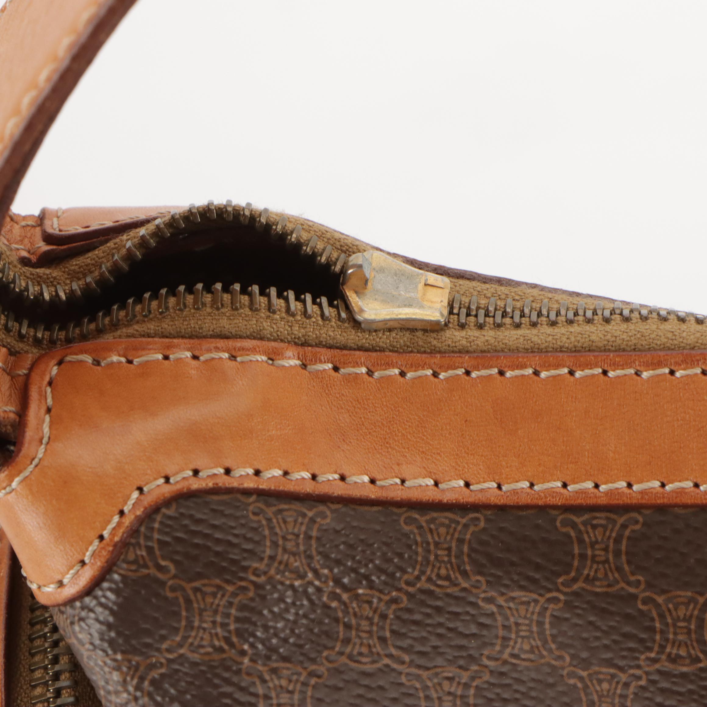 Celine Vintage Shoulder Satchel in Macadam Coated Canvas and Leather Trim