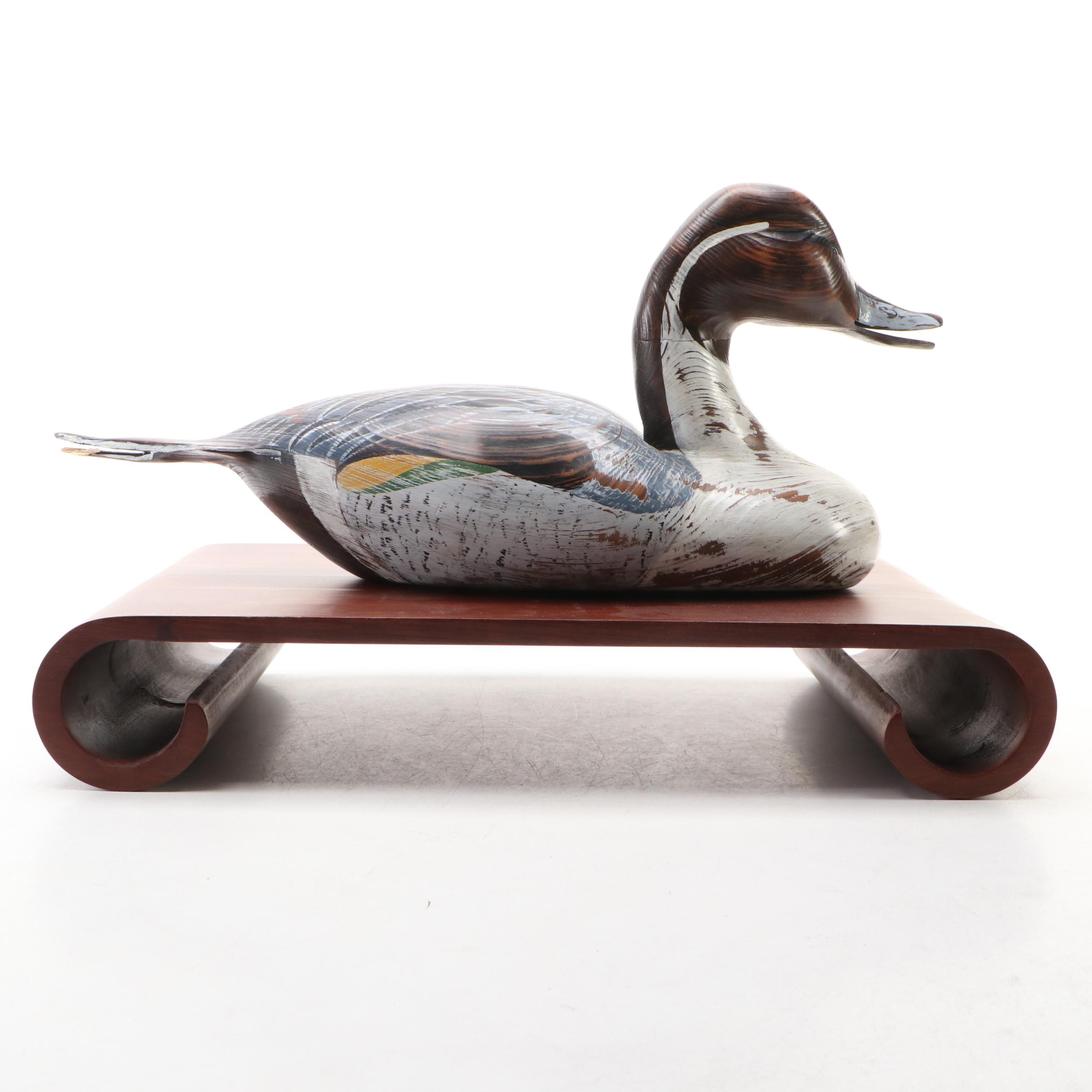 Patrick O'Rear Carved Wood Open Mouth Pintail Duck Decoy with Stand, 1982