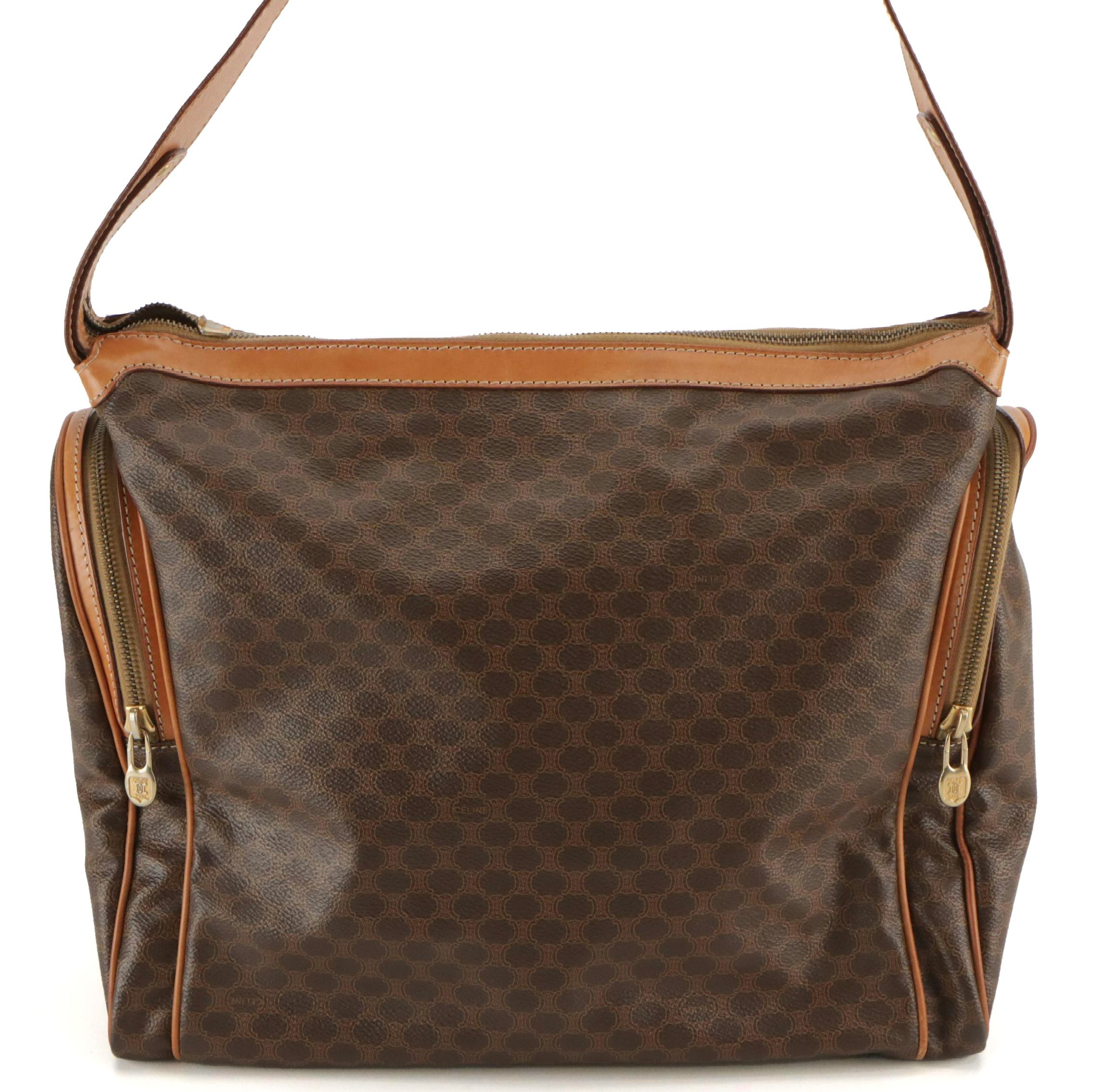 Celine Vintage Shoulder Satchel in Macadam Coated Canvas and Leather Trim