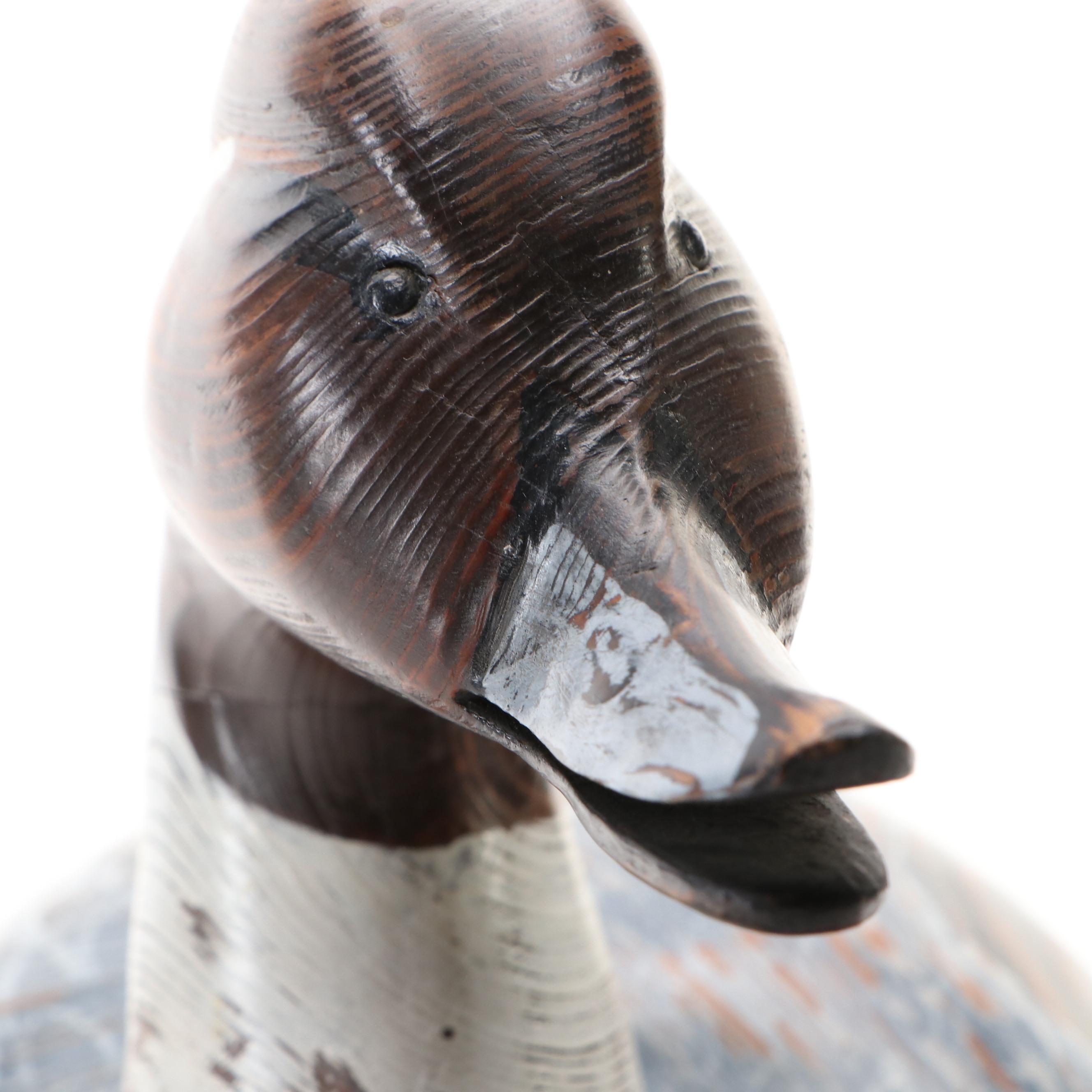 Patrick O'Rear Carved Wood Open Mouth Pintail Duck Decoy with Stand, 1982