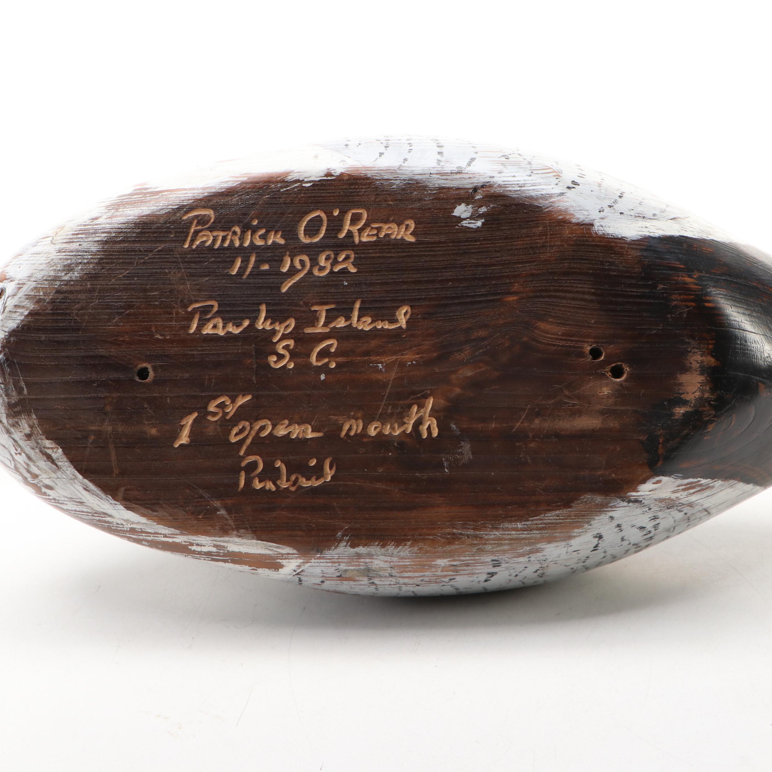 Patrick O'Rear Carved Wood Open Mouth Pintail Duck Decoy with Stand, 1982