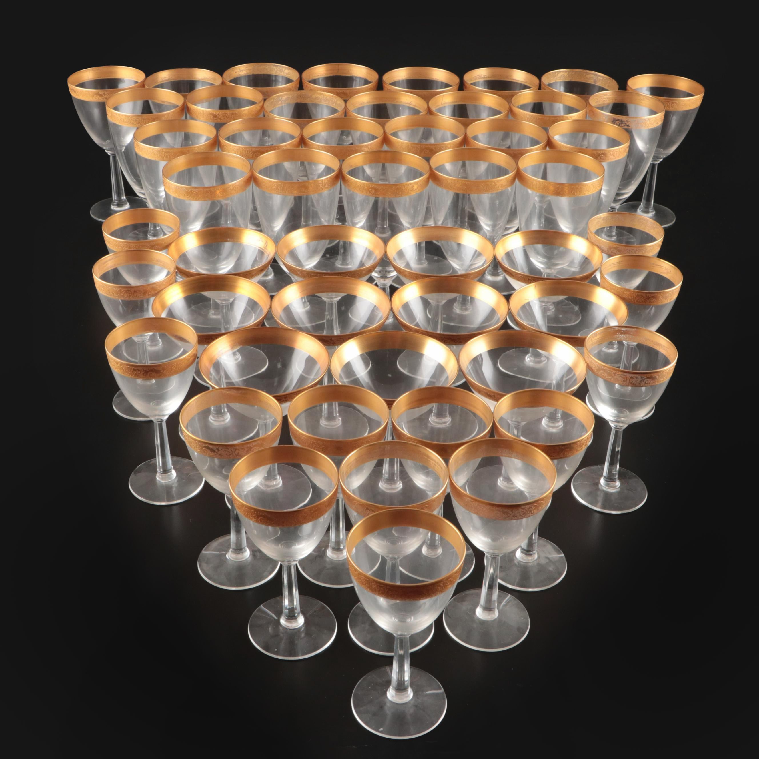 Art Deco Style Embossed Gilt Rim Stemware, Early to Mid-20th Century