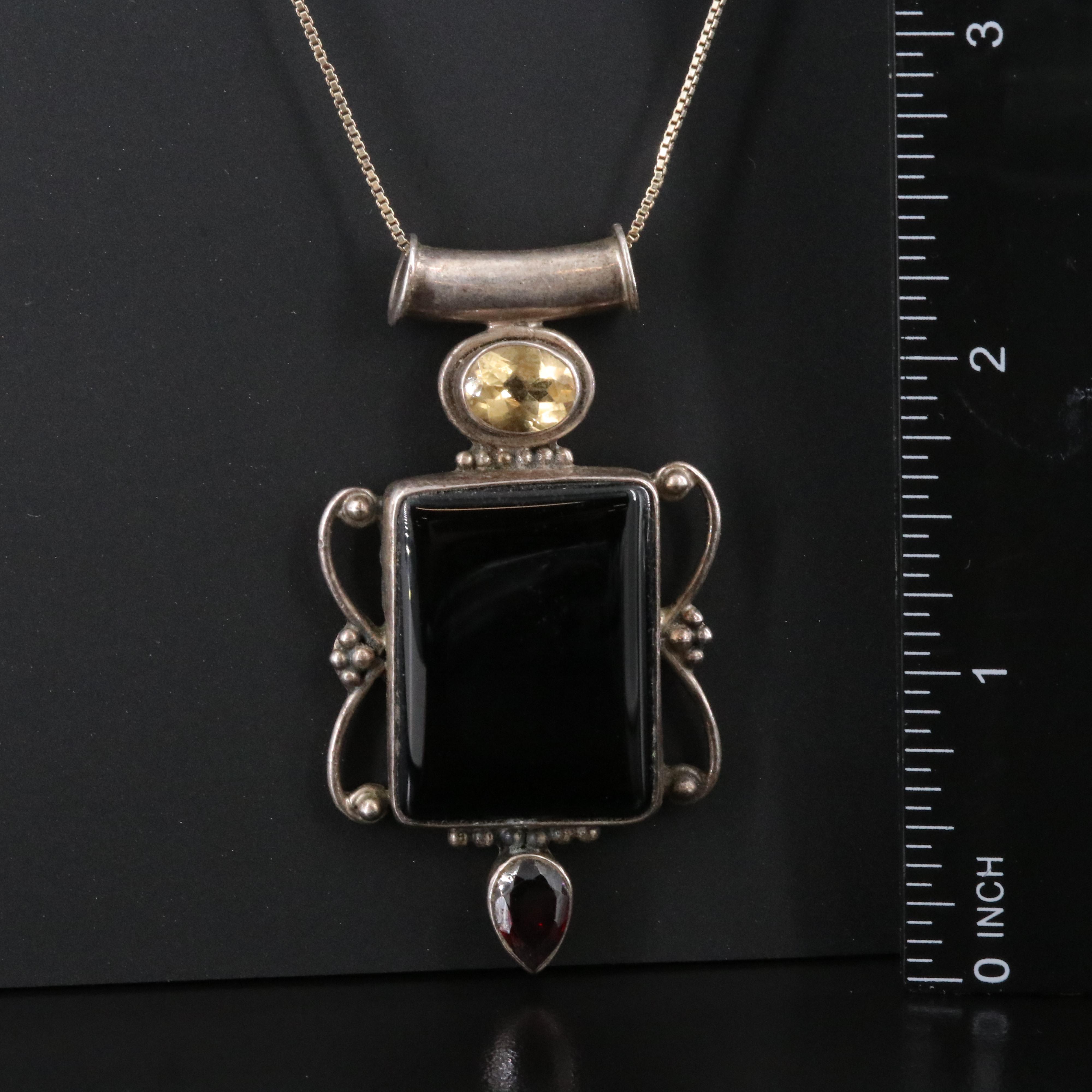 Sterling Citrine, Black Onyx and Garnet Necklace
