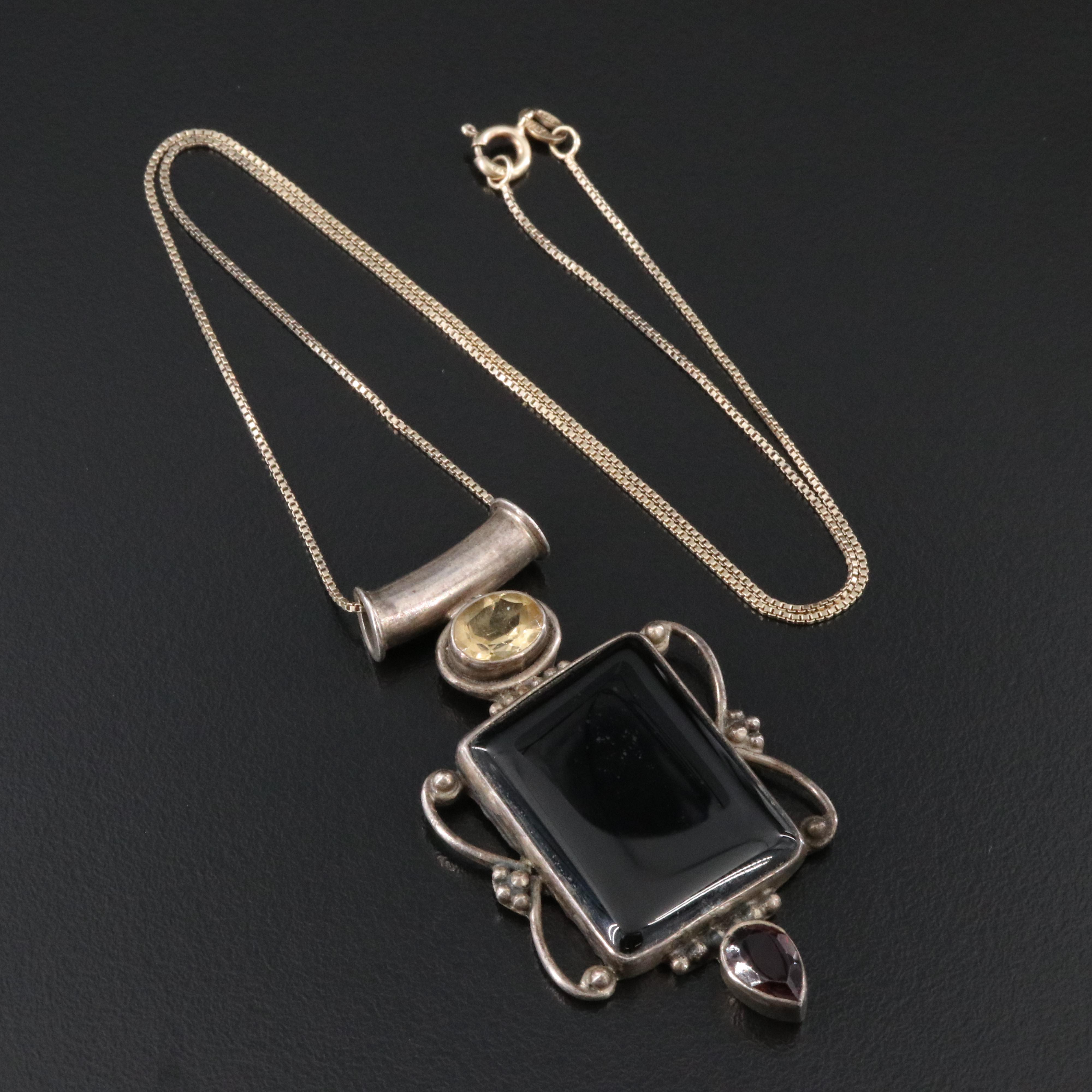 Sterling Citrine, Black Onyx and Garnet Necklace