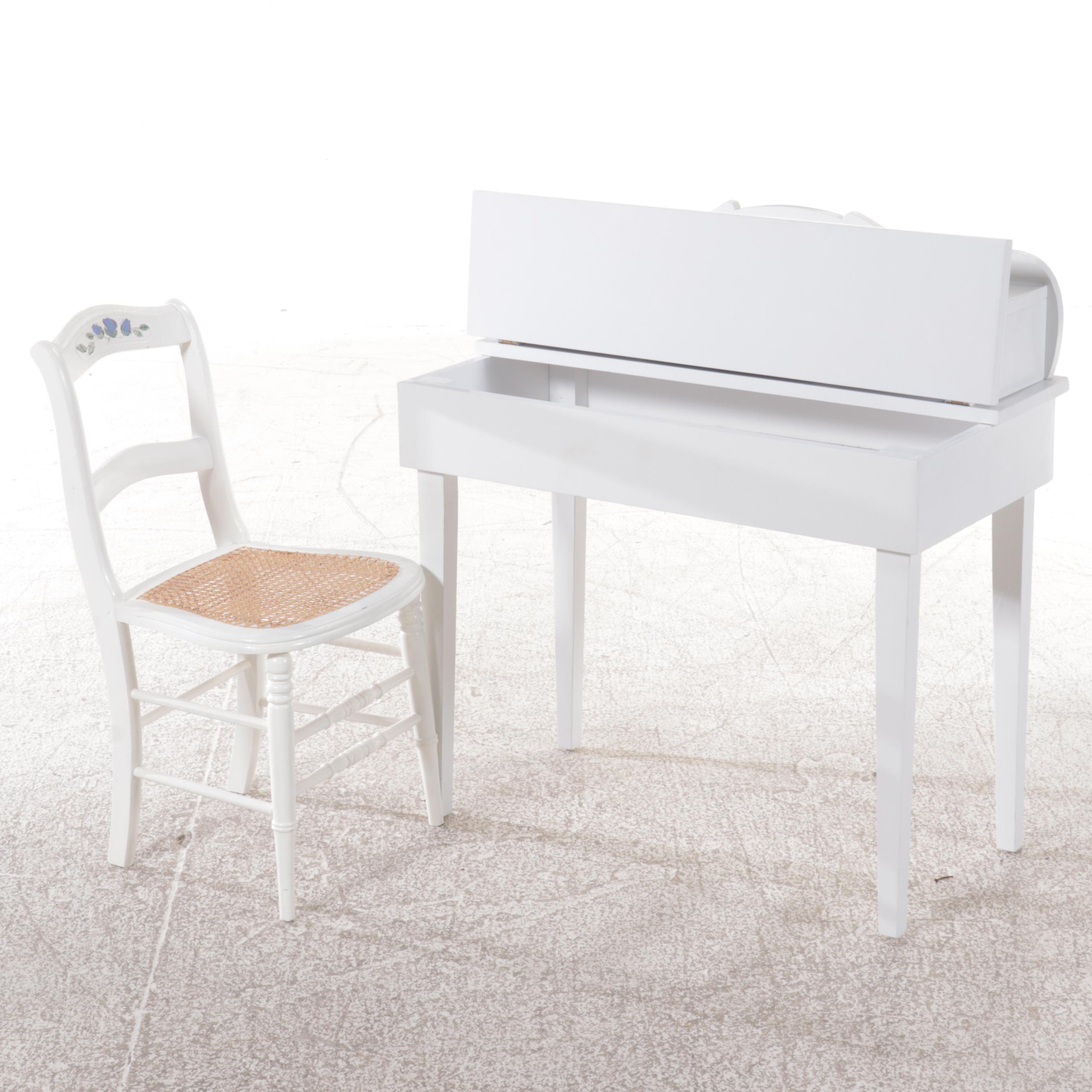 White Painted Wood Desk and Caned Side Chair