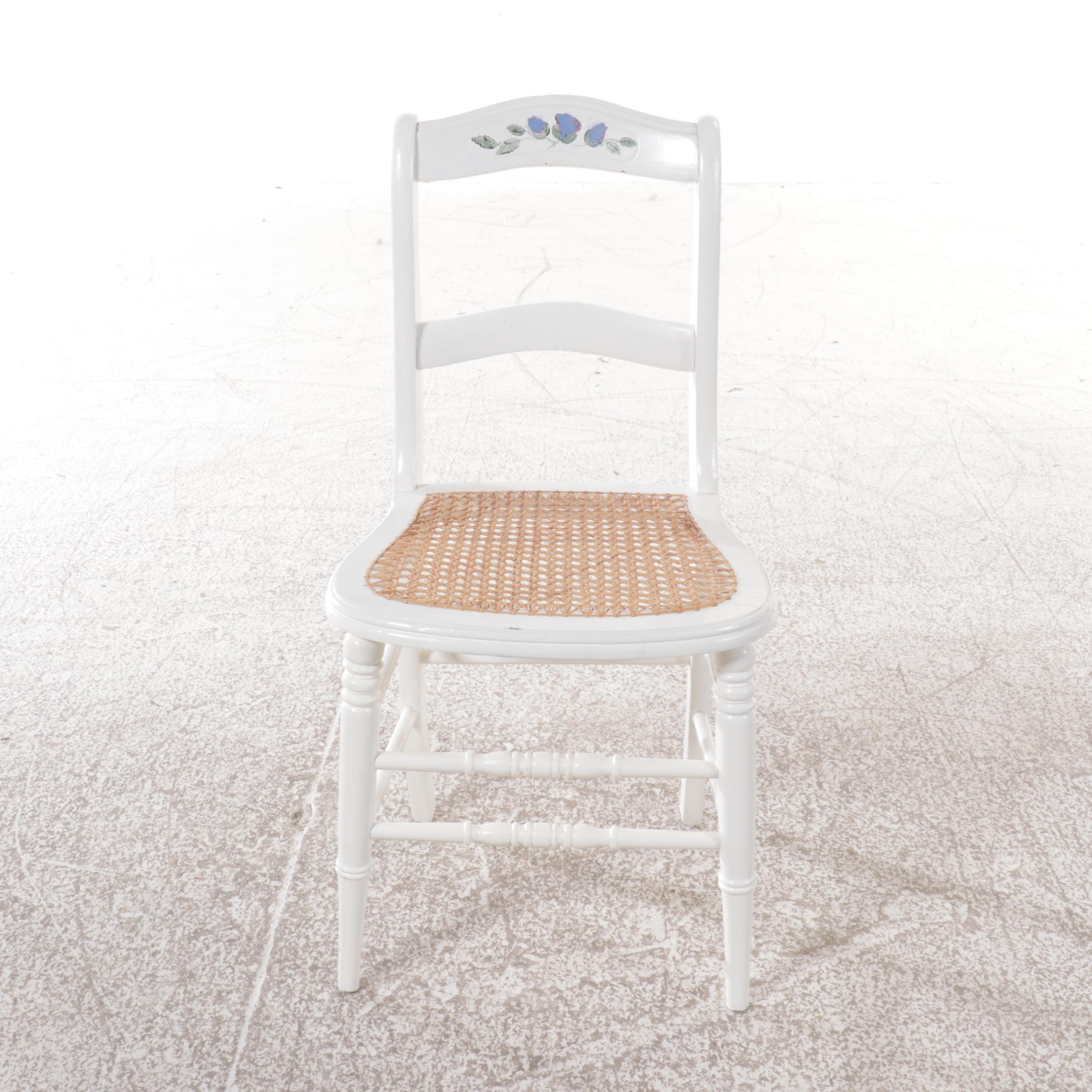 White Painted Wood Desk and Caned Side Chair