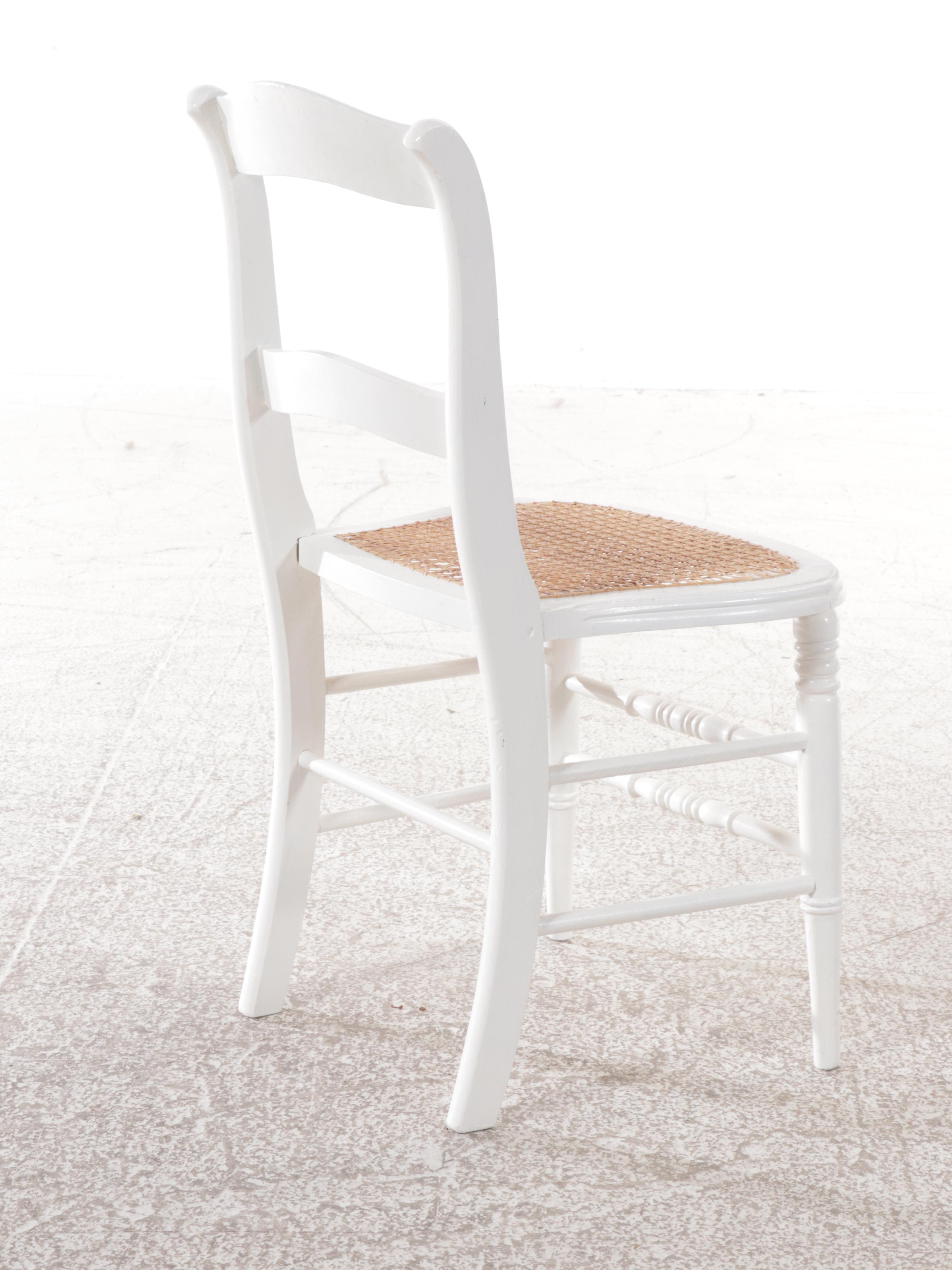 White Painted Wood Desk and Caned Side Chair