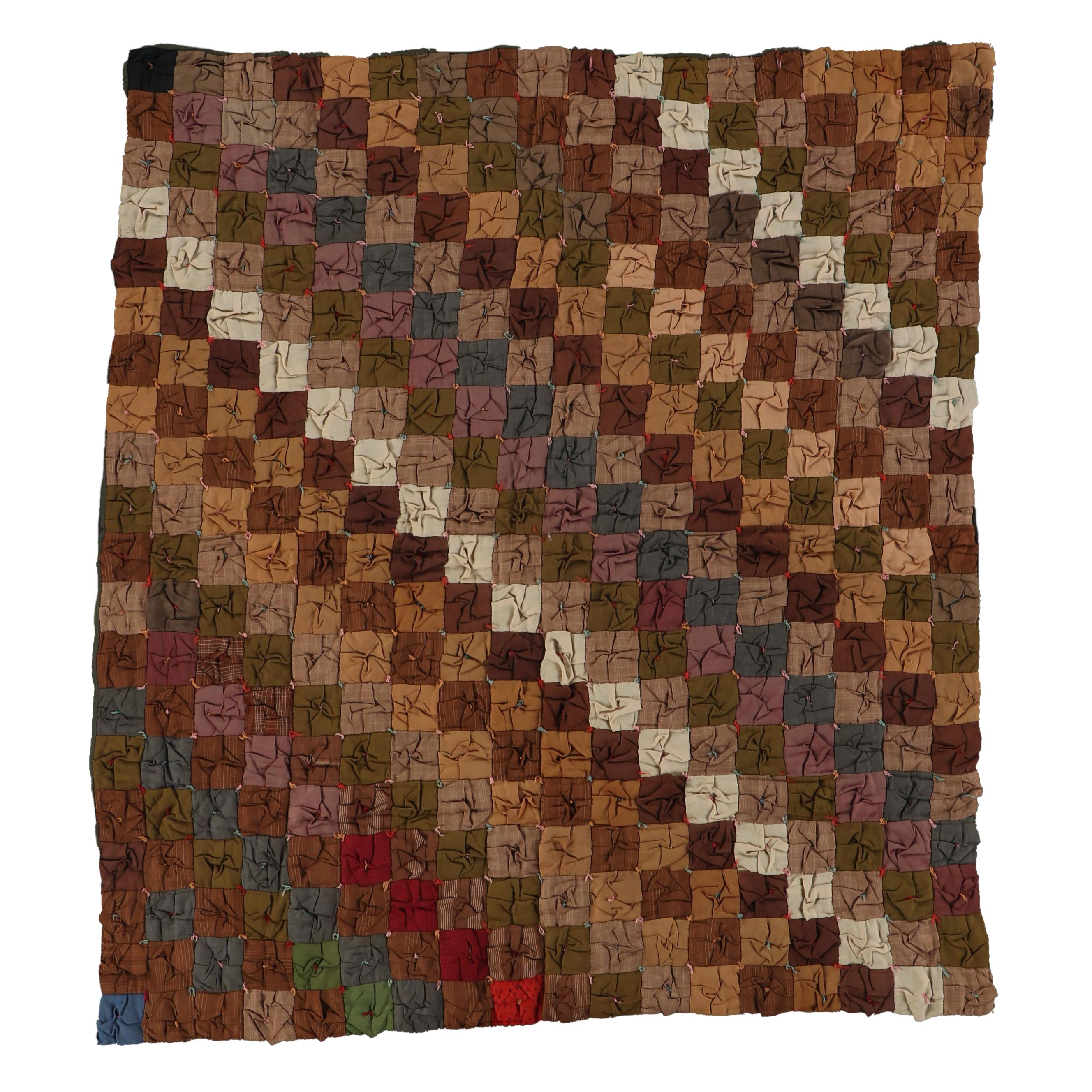 Handmade Multicolor Puffed Square Quilt with Hand-Tying, Early to Mid-20th C.