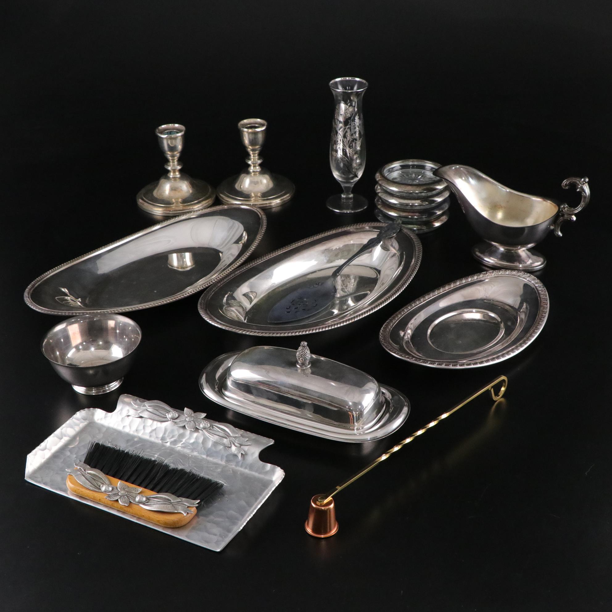 Pair of Westmoreland Weighted Sterling Candleholders with Other Tableware