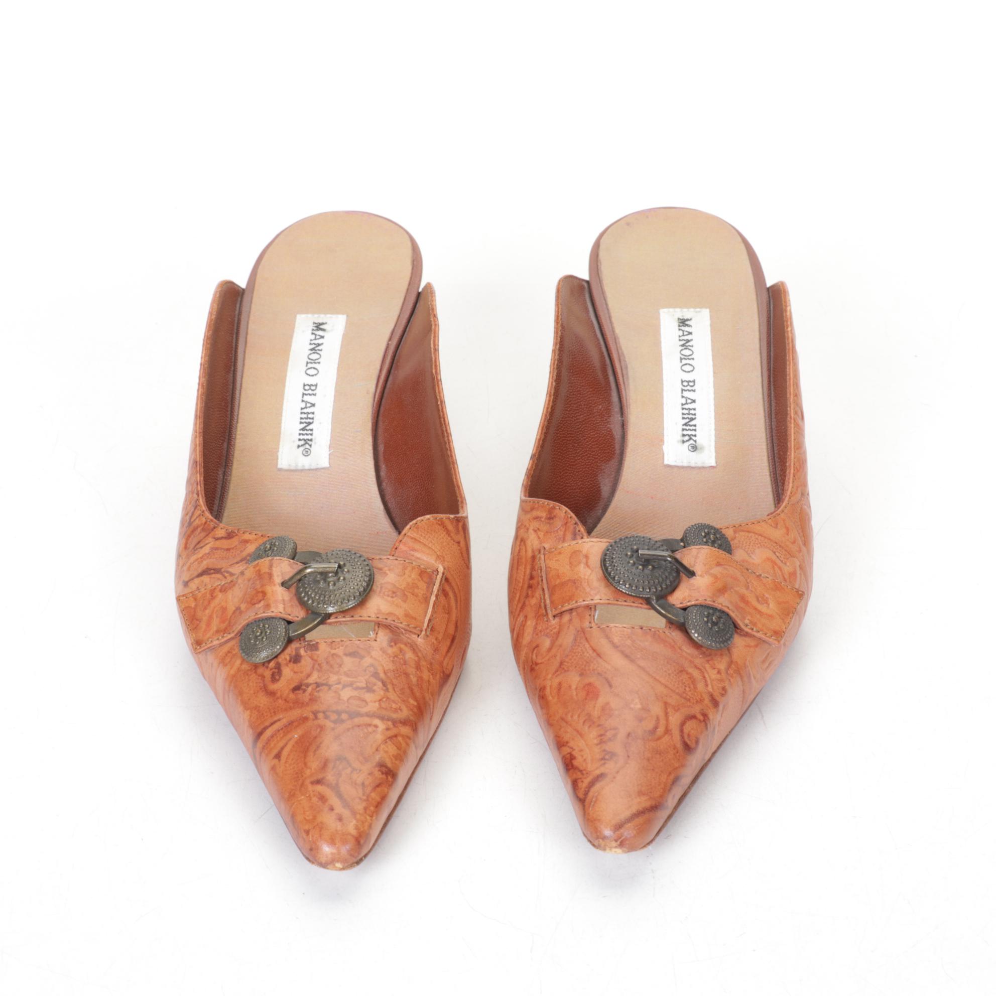 Manolo Blahnik Leather Mules with Floral Embossed Print and Buckles