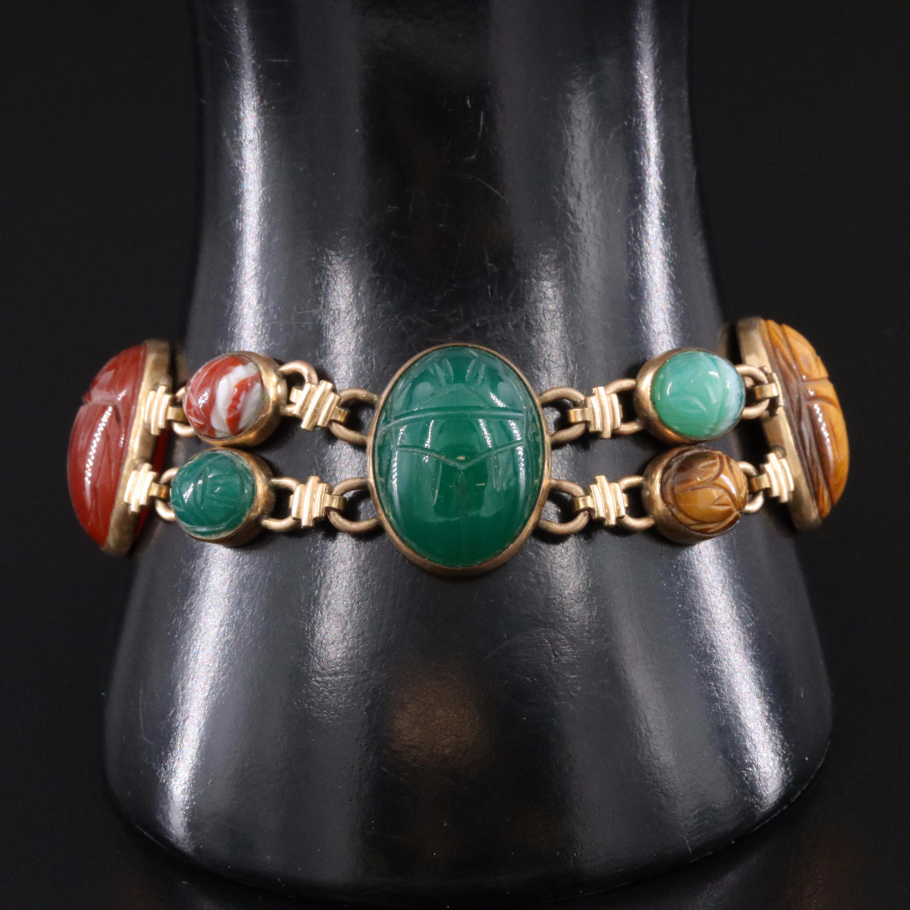 Vintage W.E. Richards Co. Gold-Filled Gemstone Scarab Bracelet