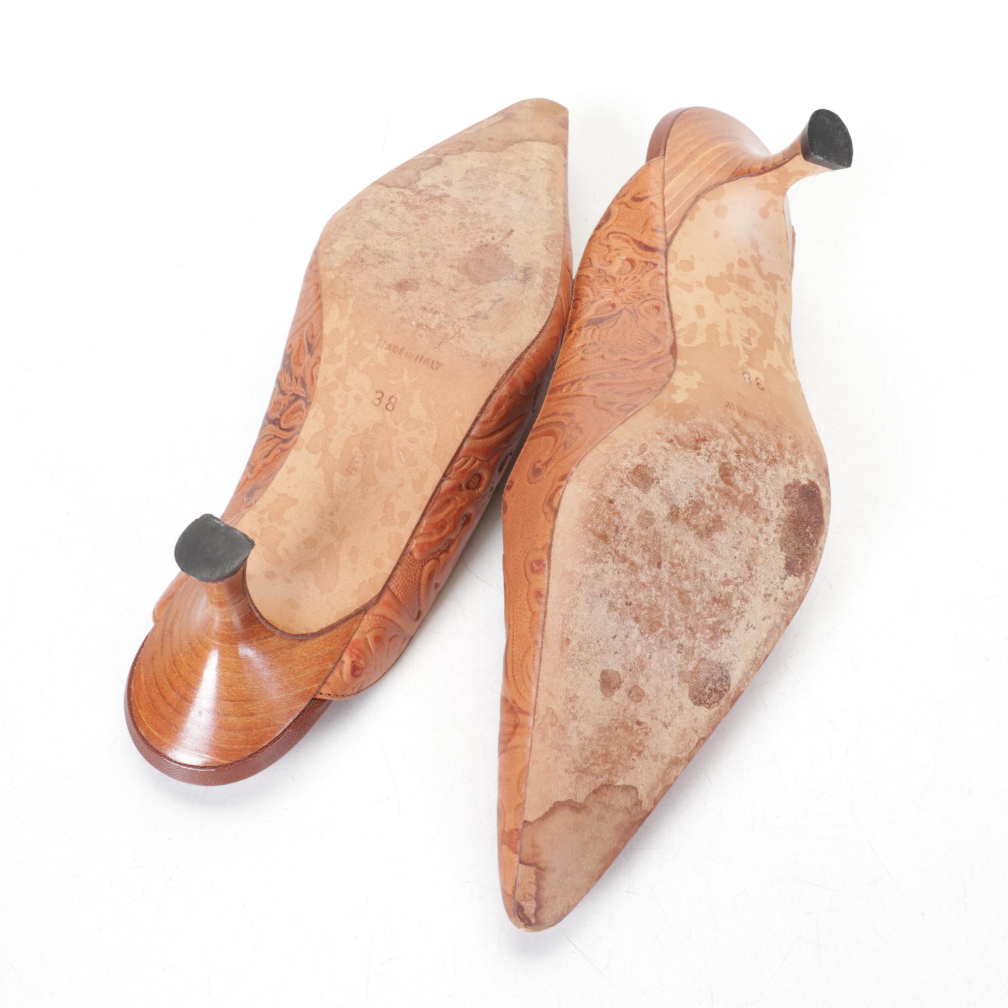 Manolo Blahnik Leather Mules with Floral Embossed Print and Buckles