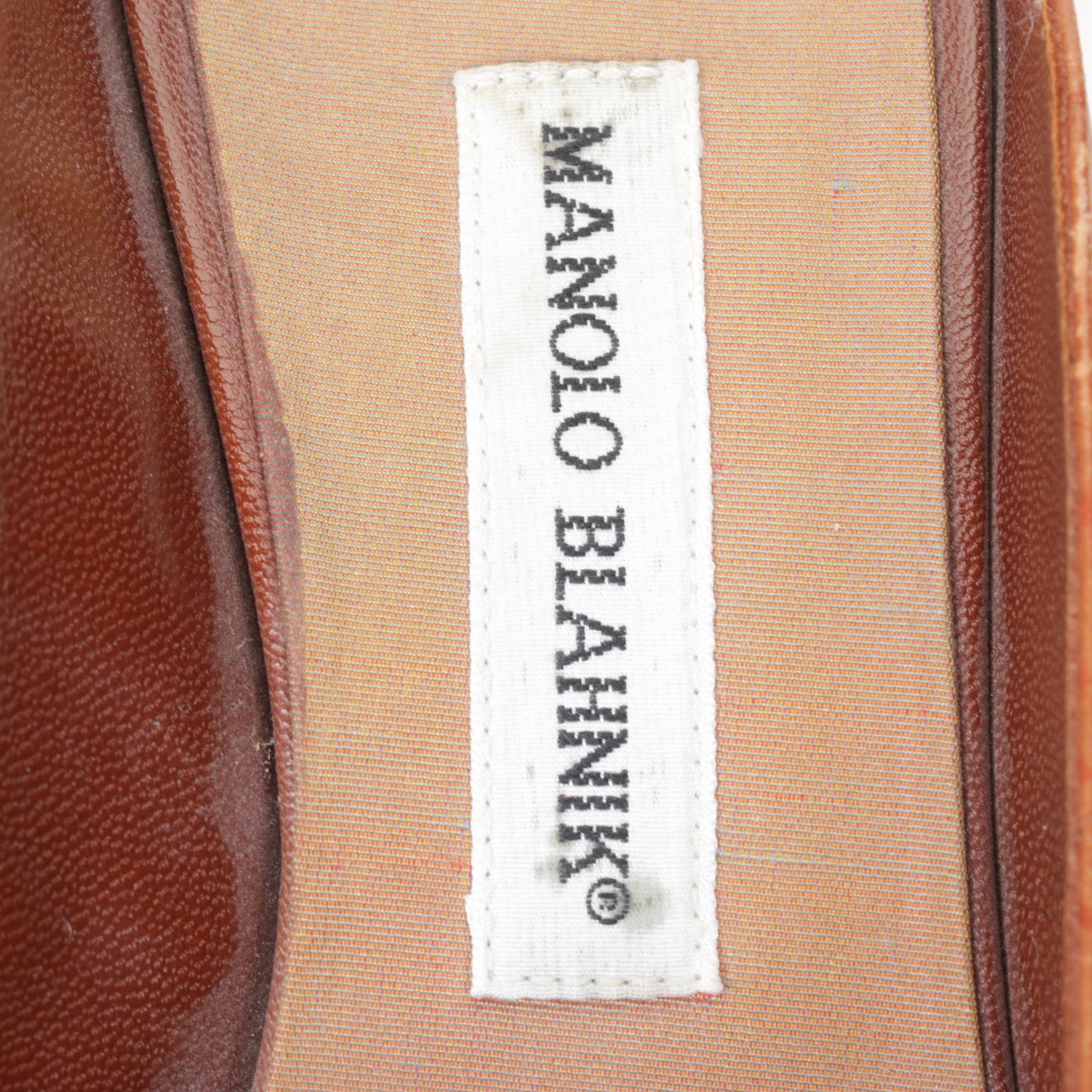 Manolo Blahnik Leather Mules with Floral Embossed Print and Buckles