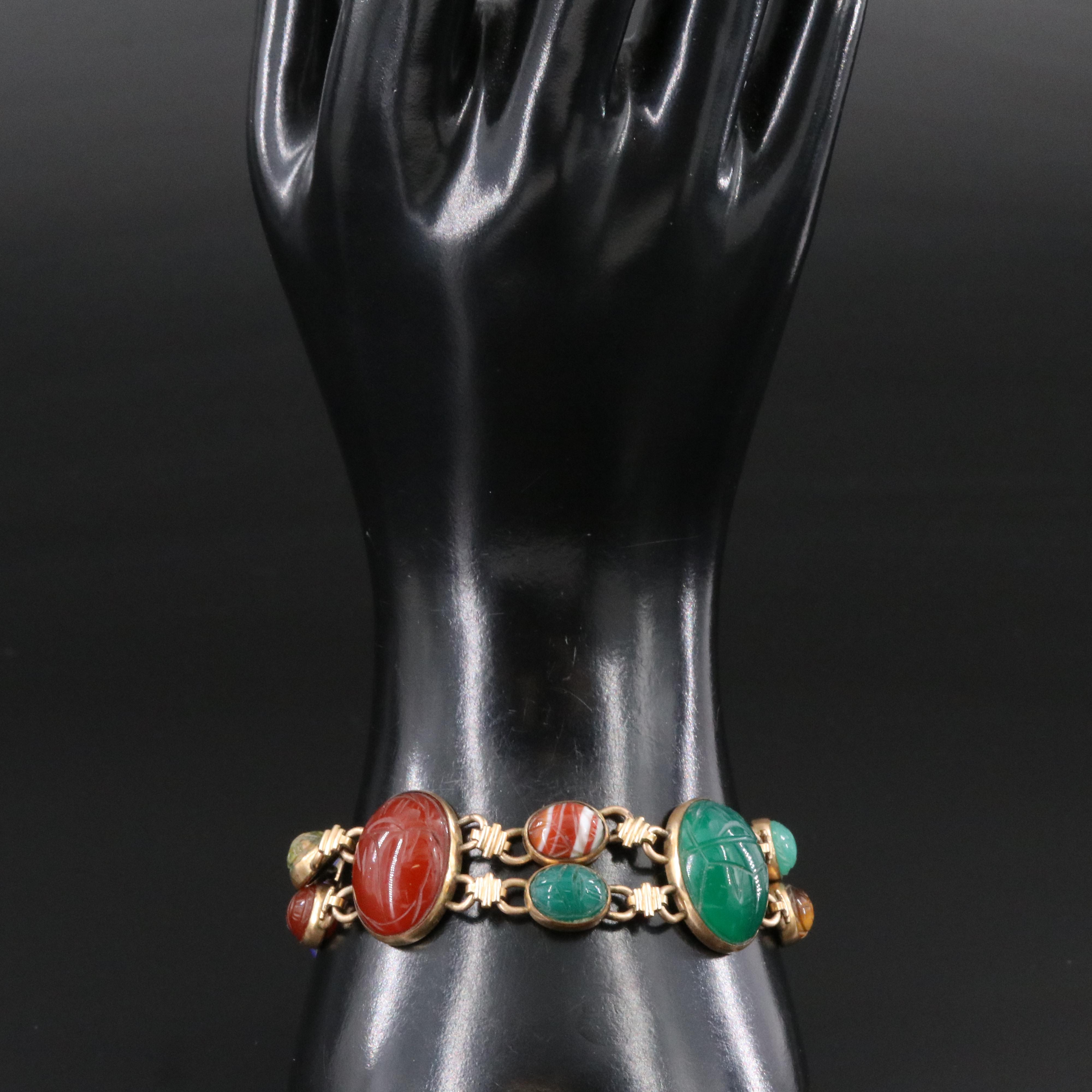 Vintage W.E. Richards Co. Gold-Filled Gemstone Scarab Bracelet