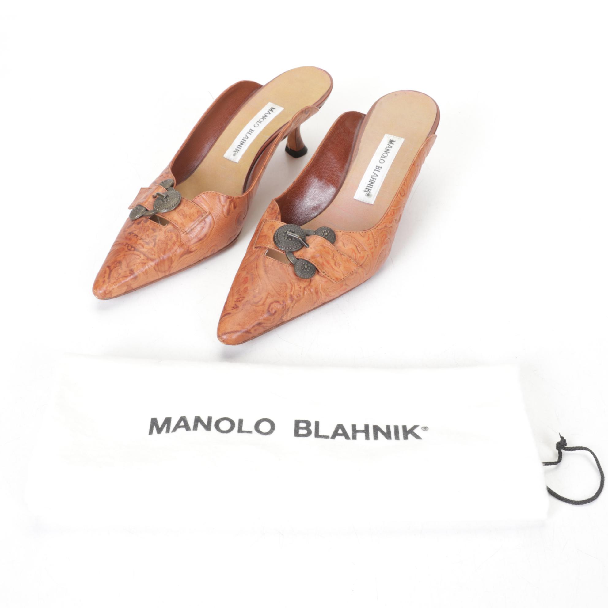 Manolo Blahnik Leather Mules with Floral Embossed Print and Buckles