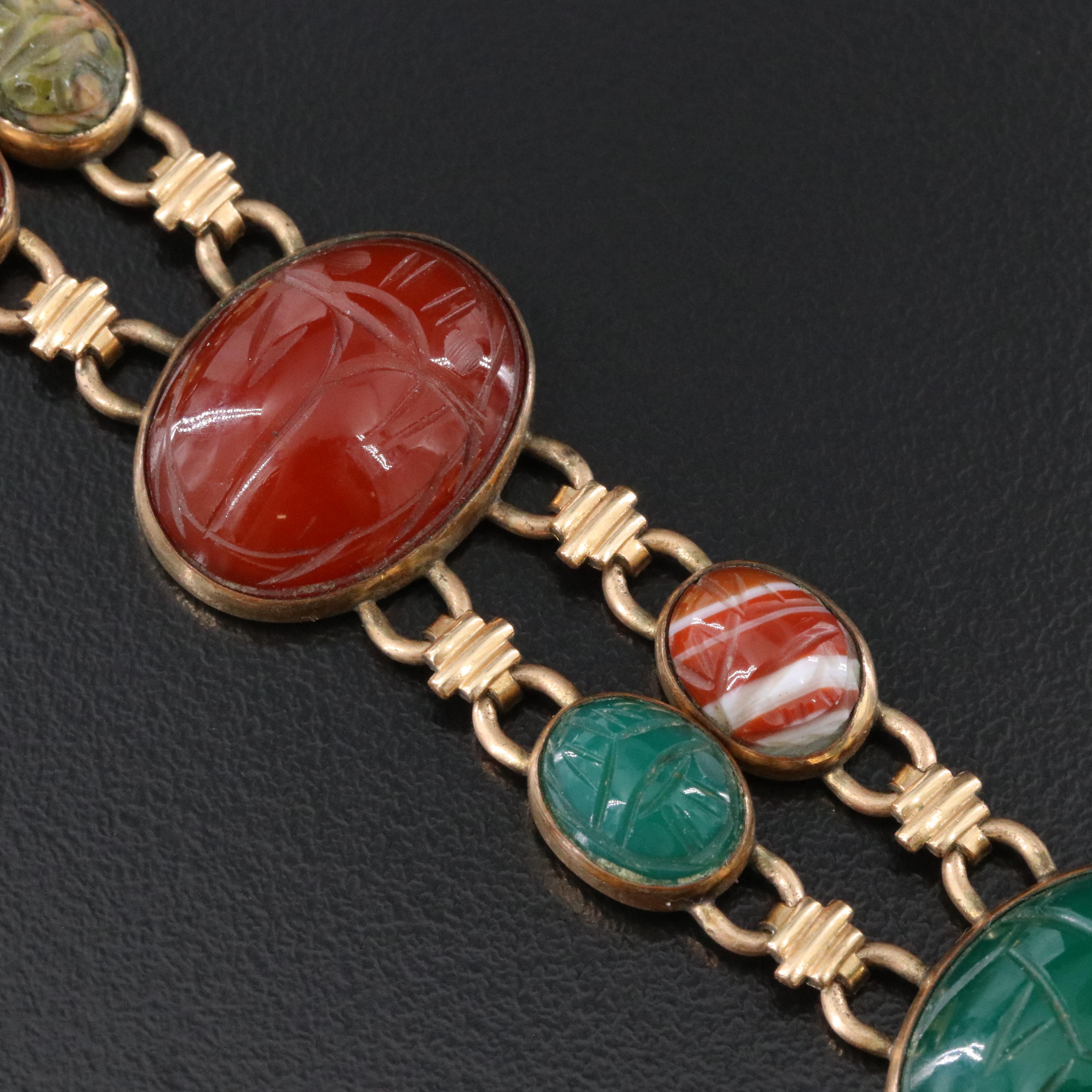 Vintage W.E. Richards Co. Gold-Filled Gemstone Scarab Bracelet