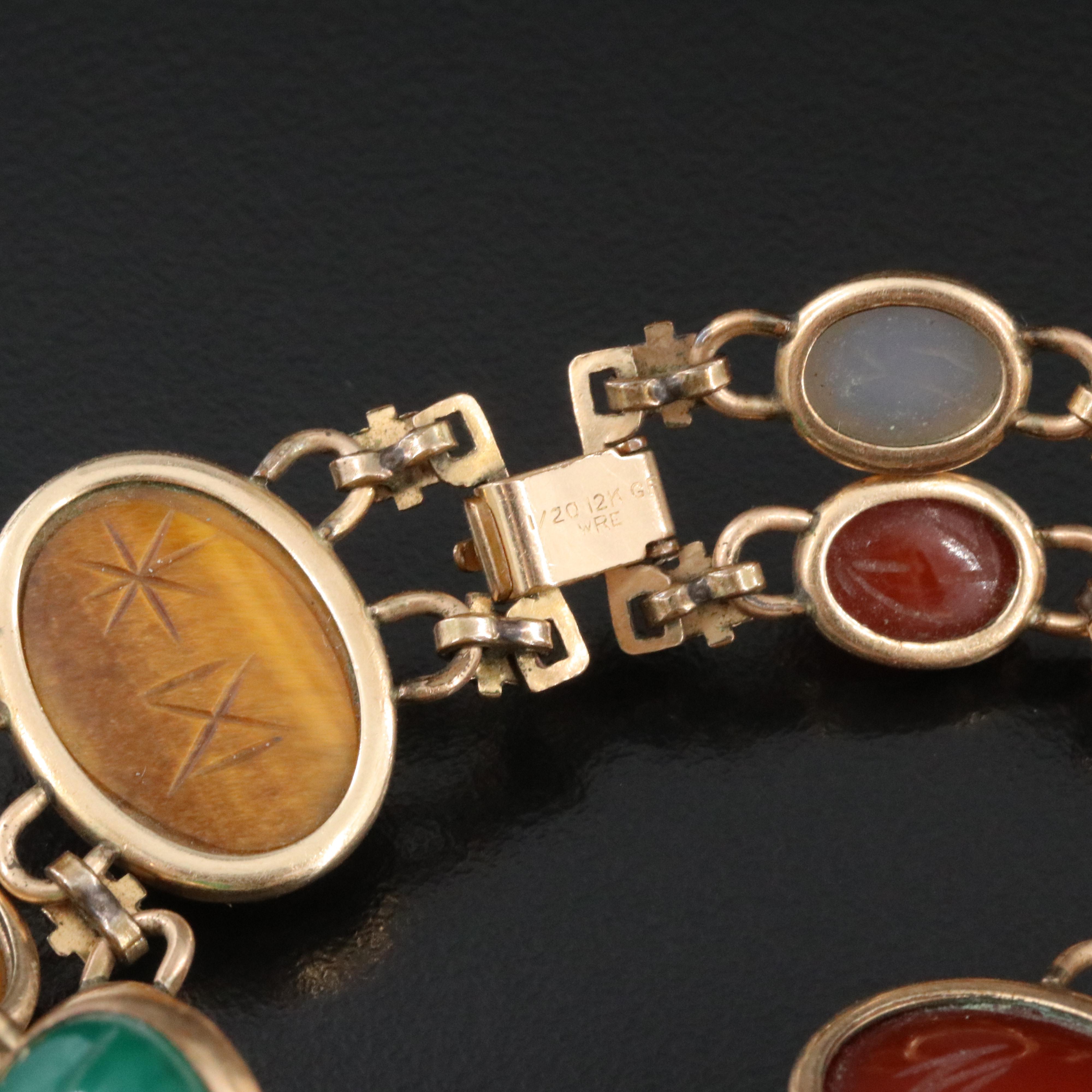 Vintage W.E. Richards Co. Gold-Filled Gemstone Scarab Bracelet