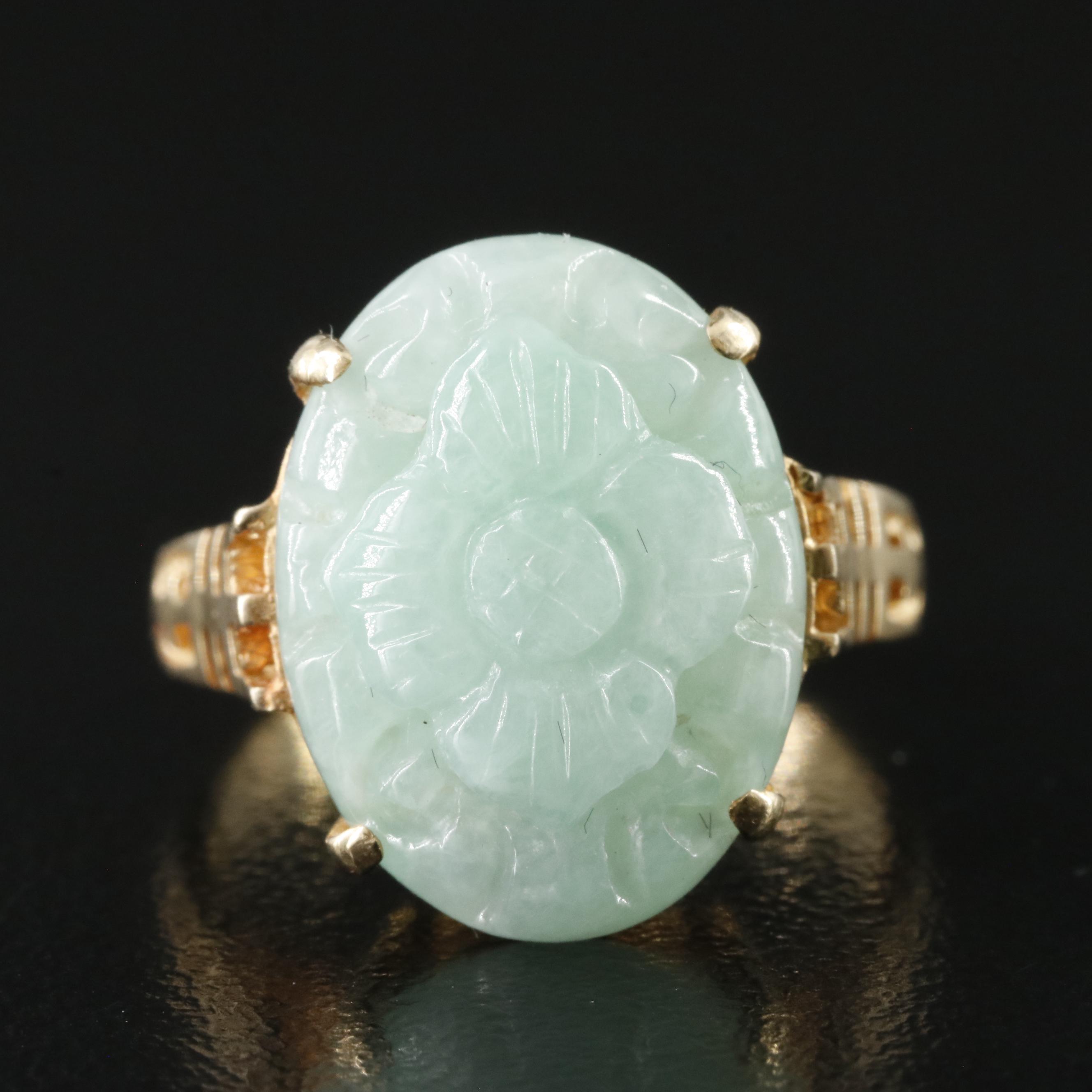 14K Carved Jadeite Flower Ring