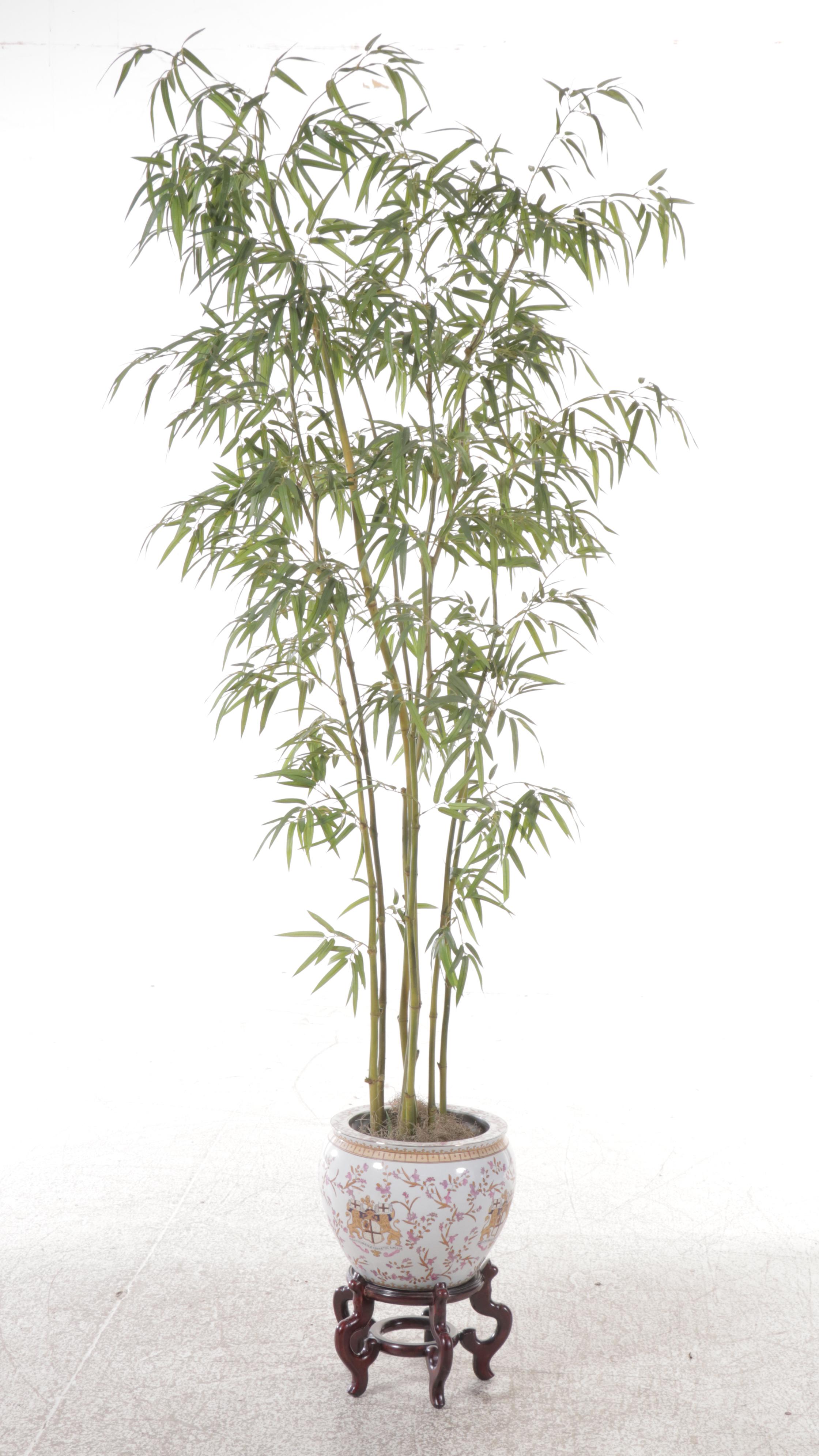 Artificial Bamboo Plant In Chinese Armorial Porcelain Fishbowl Planter