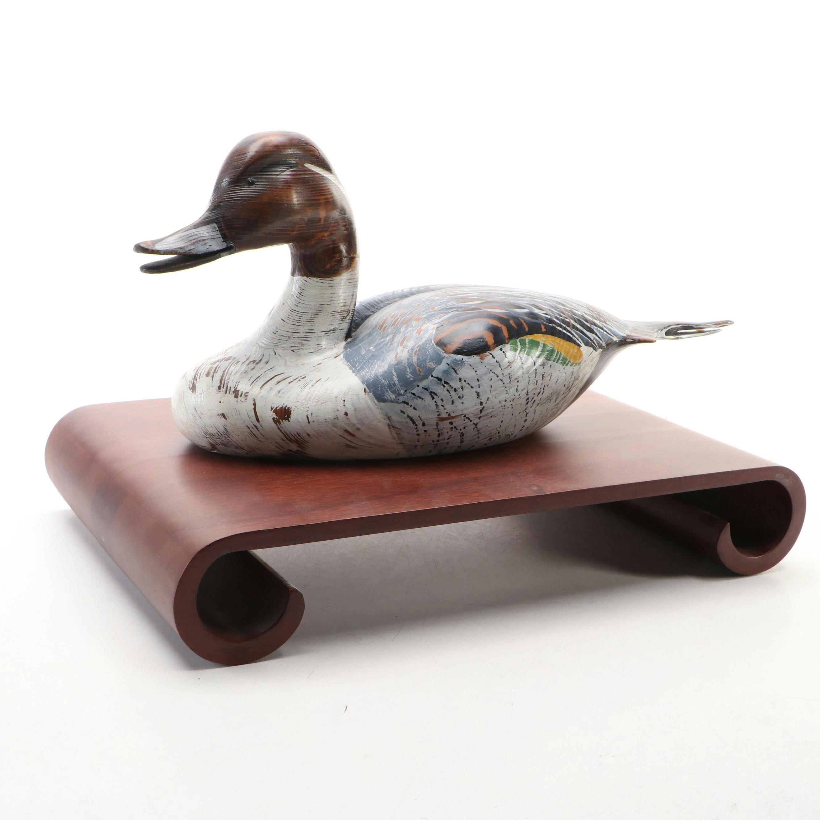 Patrick O'Rear Carved Wood Open Mouth Pintail Duck Decoy with Stand, 1982