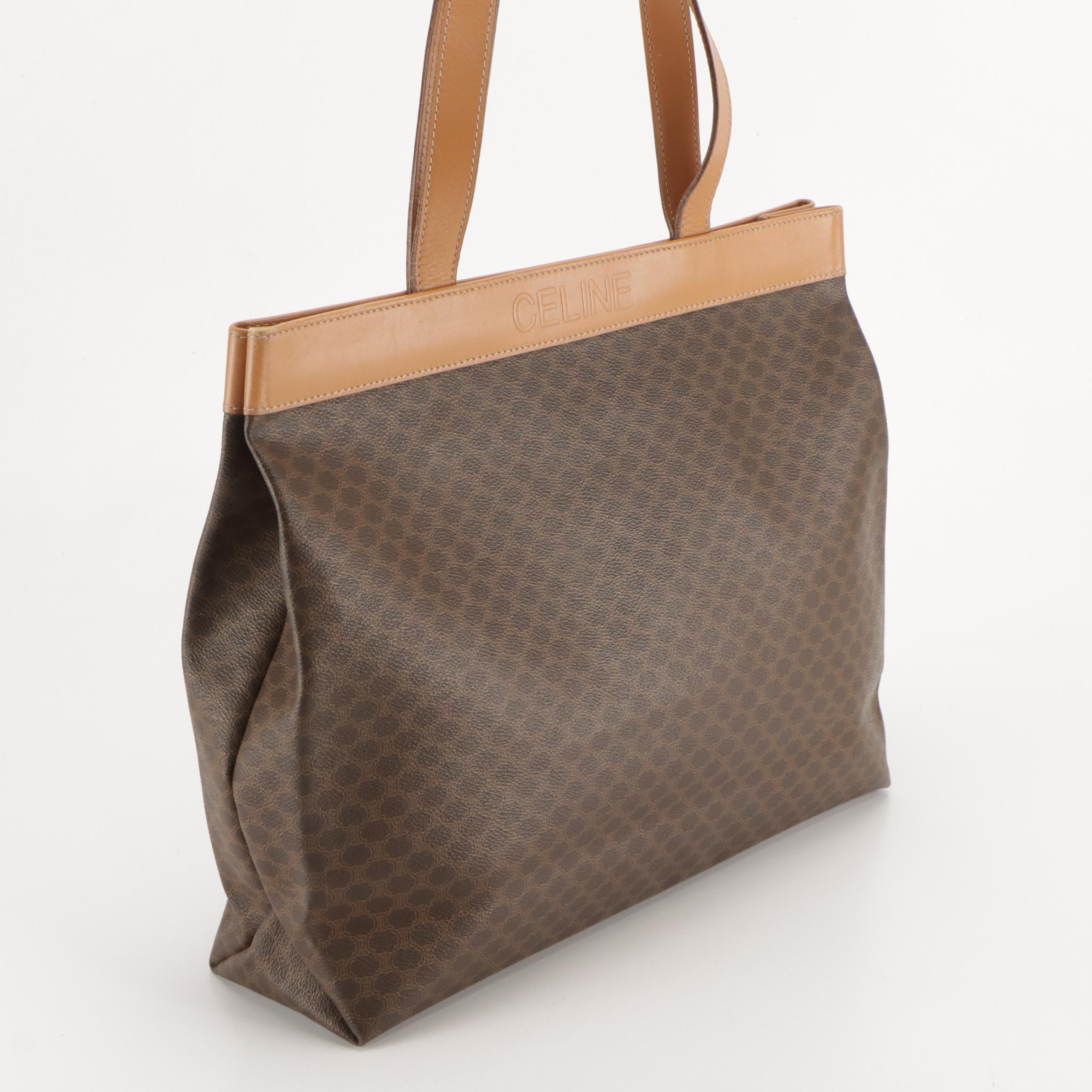 Celine Tote in Dark Brown Macadam Canvas and Brown Leather Trim